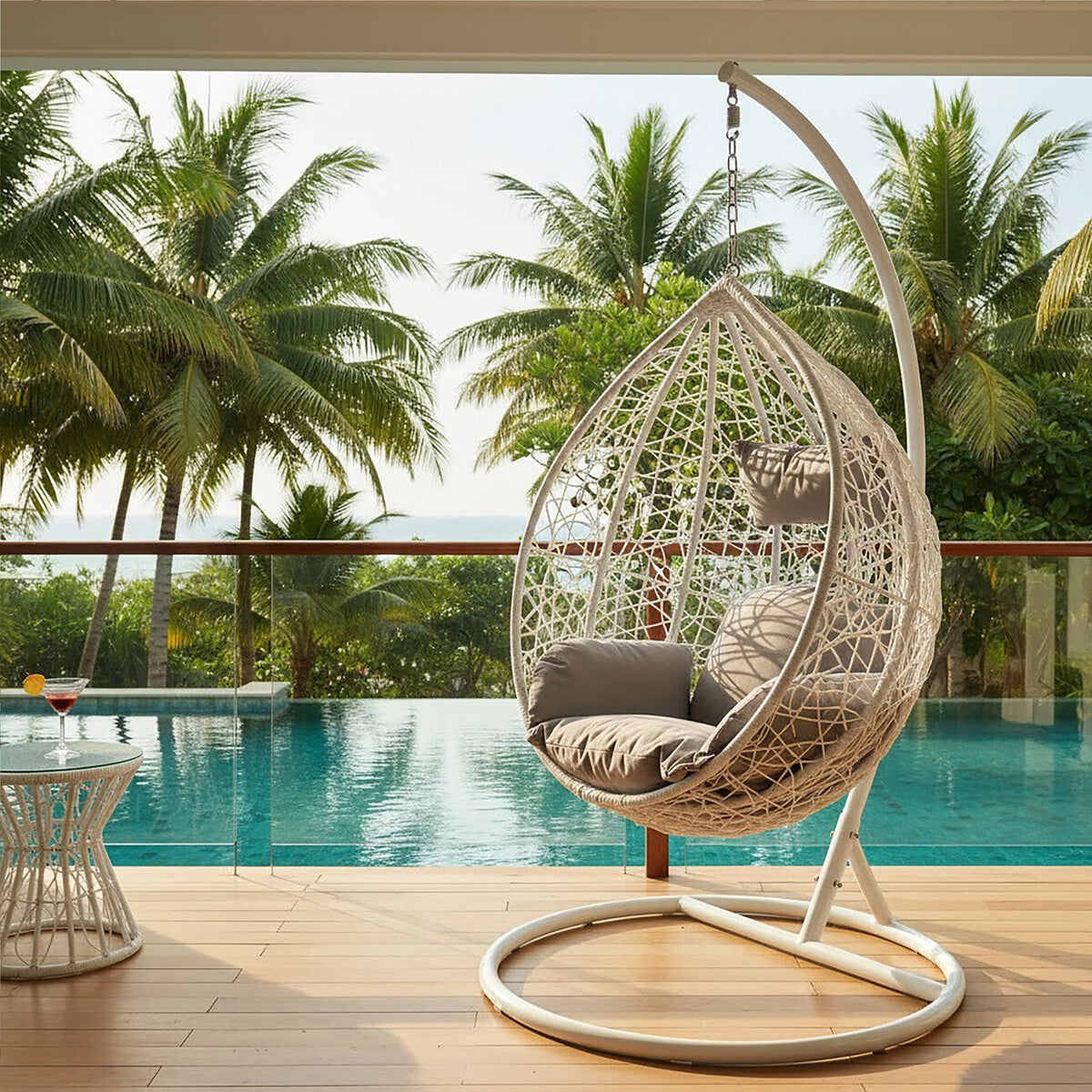 Goa White Rattan Effect Hanging Egg Chair with Grey Cushions