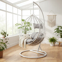 Goa White Rattan Effect Hanging Egg Chair with Grey Cushions