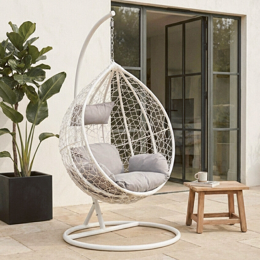 Goa White Rattan Effect Hanging Egg Chair with Grey Cushions
