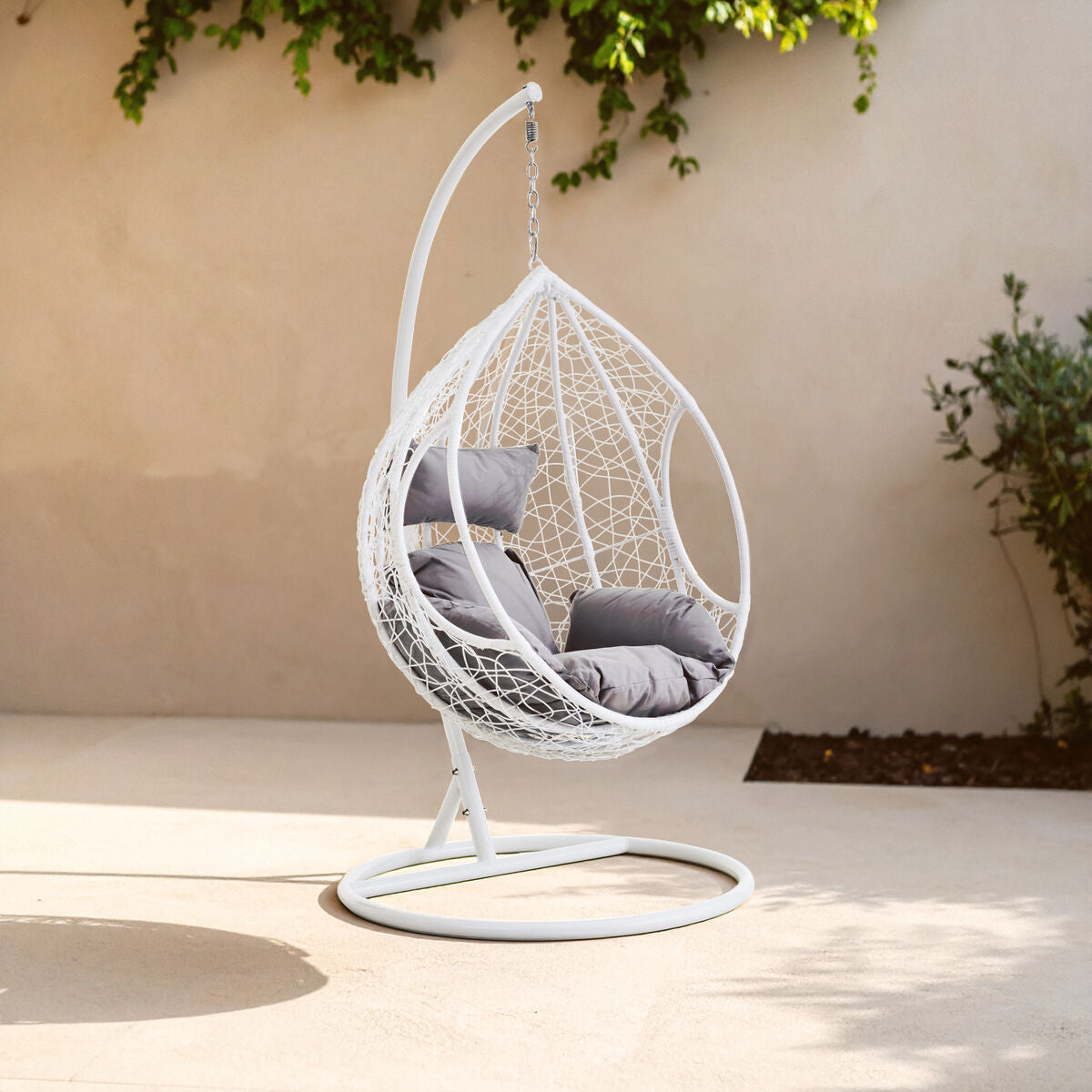 Goa White Rattan Effect Hanging Egg Chair with Cutout Sides