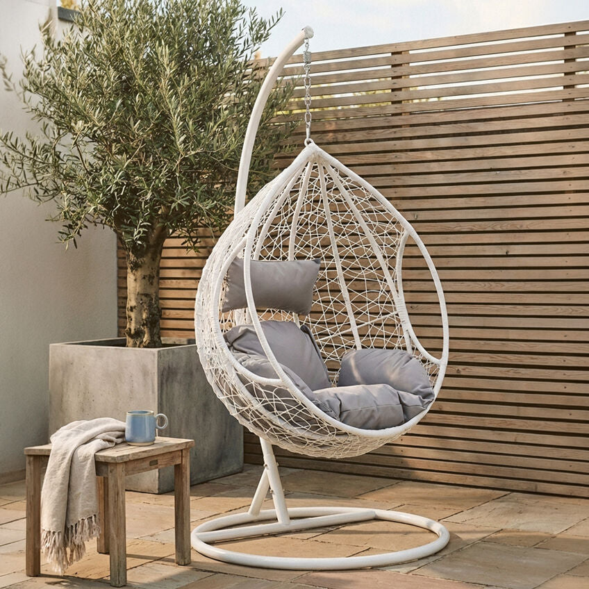 Goa White Rattan Effect Hanging Egg Chair with Cutout Sides