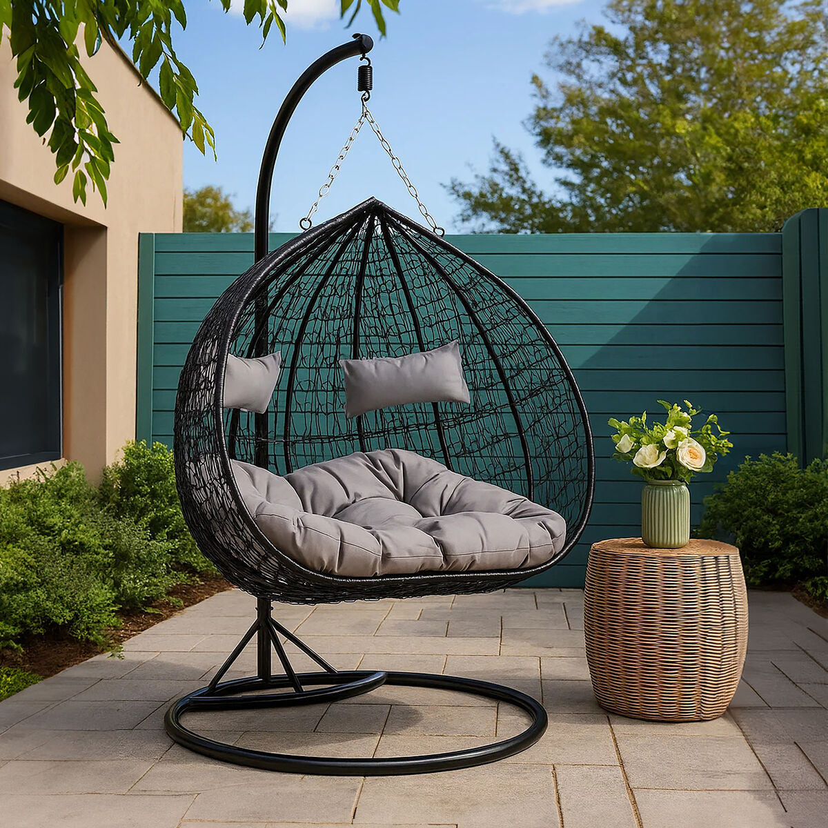 Goa Black Rattan Effect Double Hanging Egg Chair with Round Base