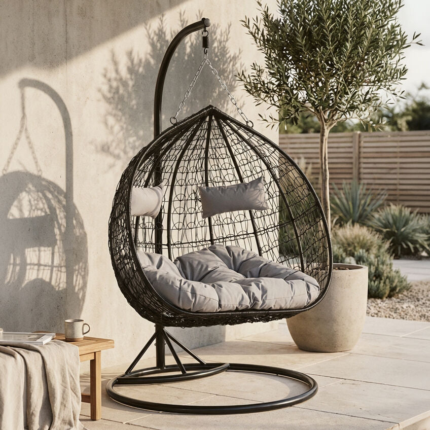 Goa Black Rattan Effect Double Hanging Egg Chair with Round Base