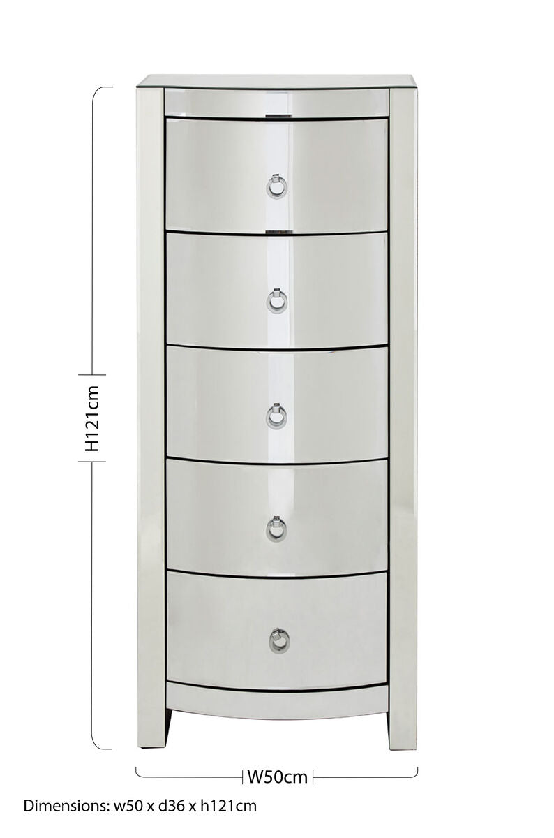 Verona Mirrored Curved 5 Drawer Tall Chest