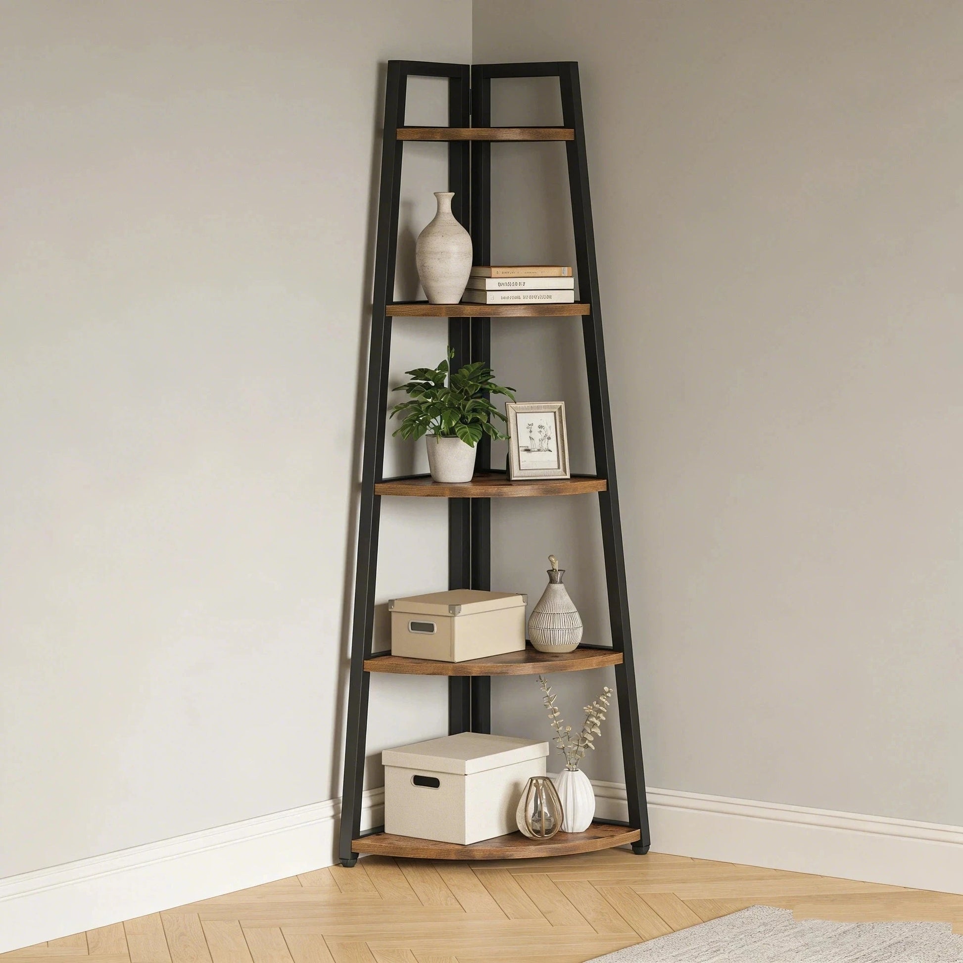 Industrial Corner Bookshelf & Display Rack with Black Metal A-Frame.