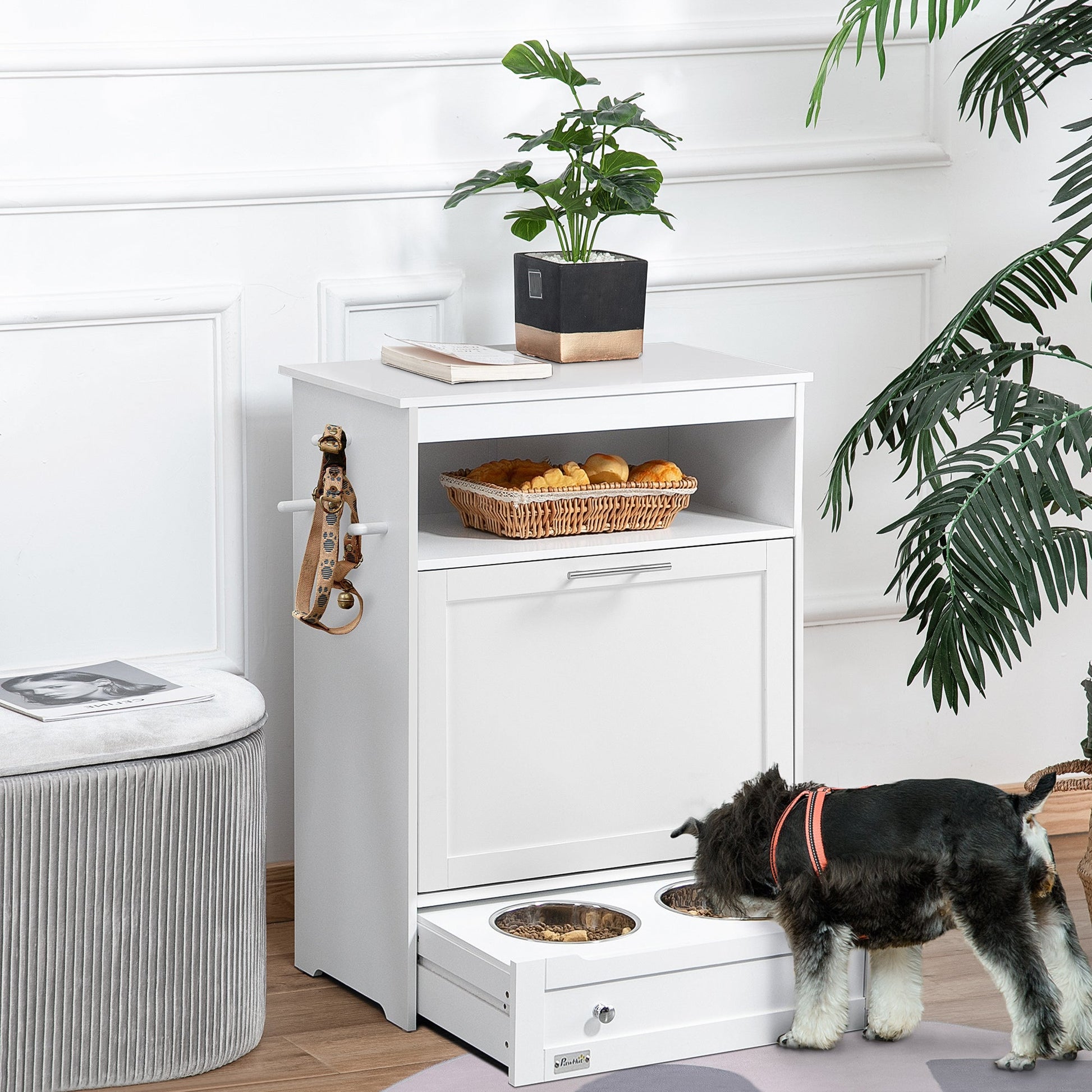 Pet Feeder Station, Dog, Cat Storage Container, with Raised Bowls, Hanger, Cabinet - White