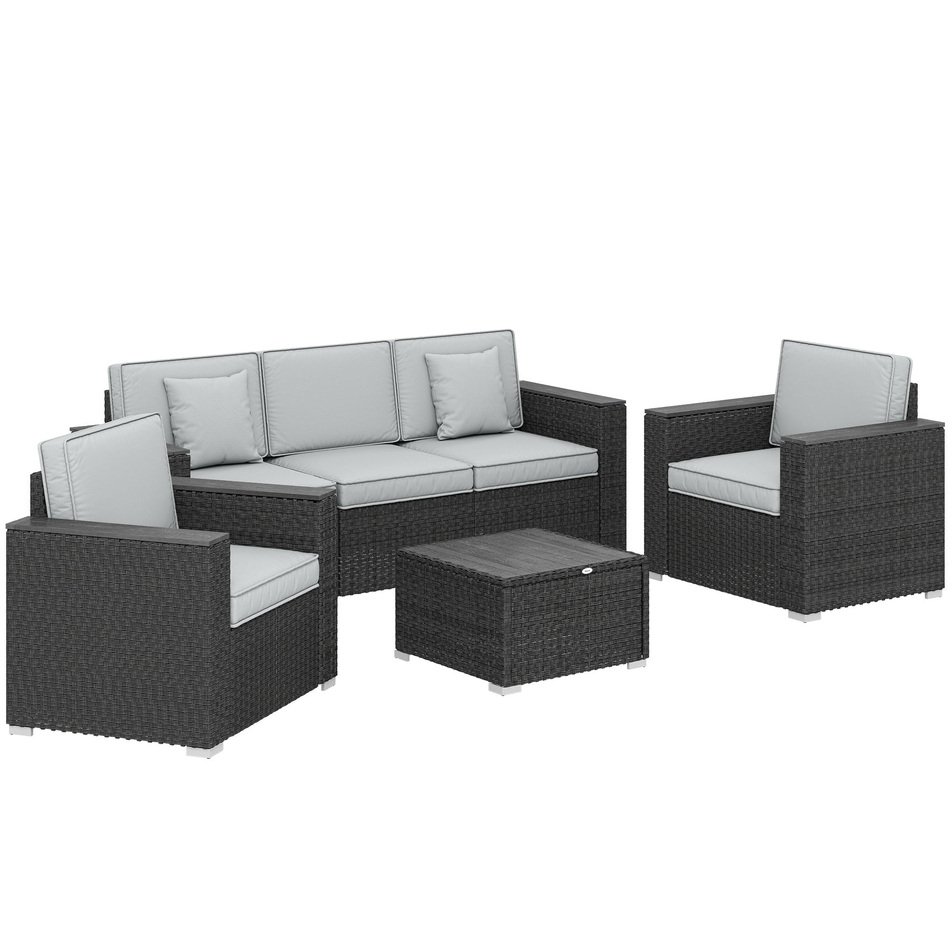 5 Seater Rattan Garden Furniture Set with Wide Armrests, Cushions, Pillows for Patio, Dark Grey