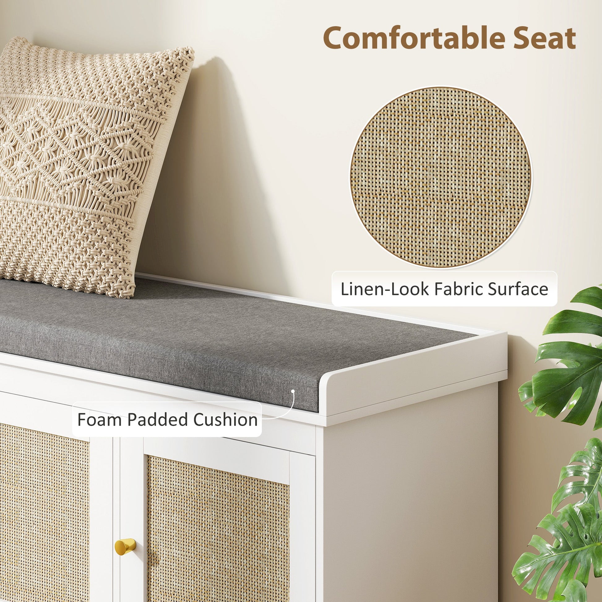 Shoe Storage Bench with Woven Rattan Doors, Seat - White