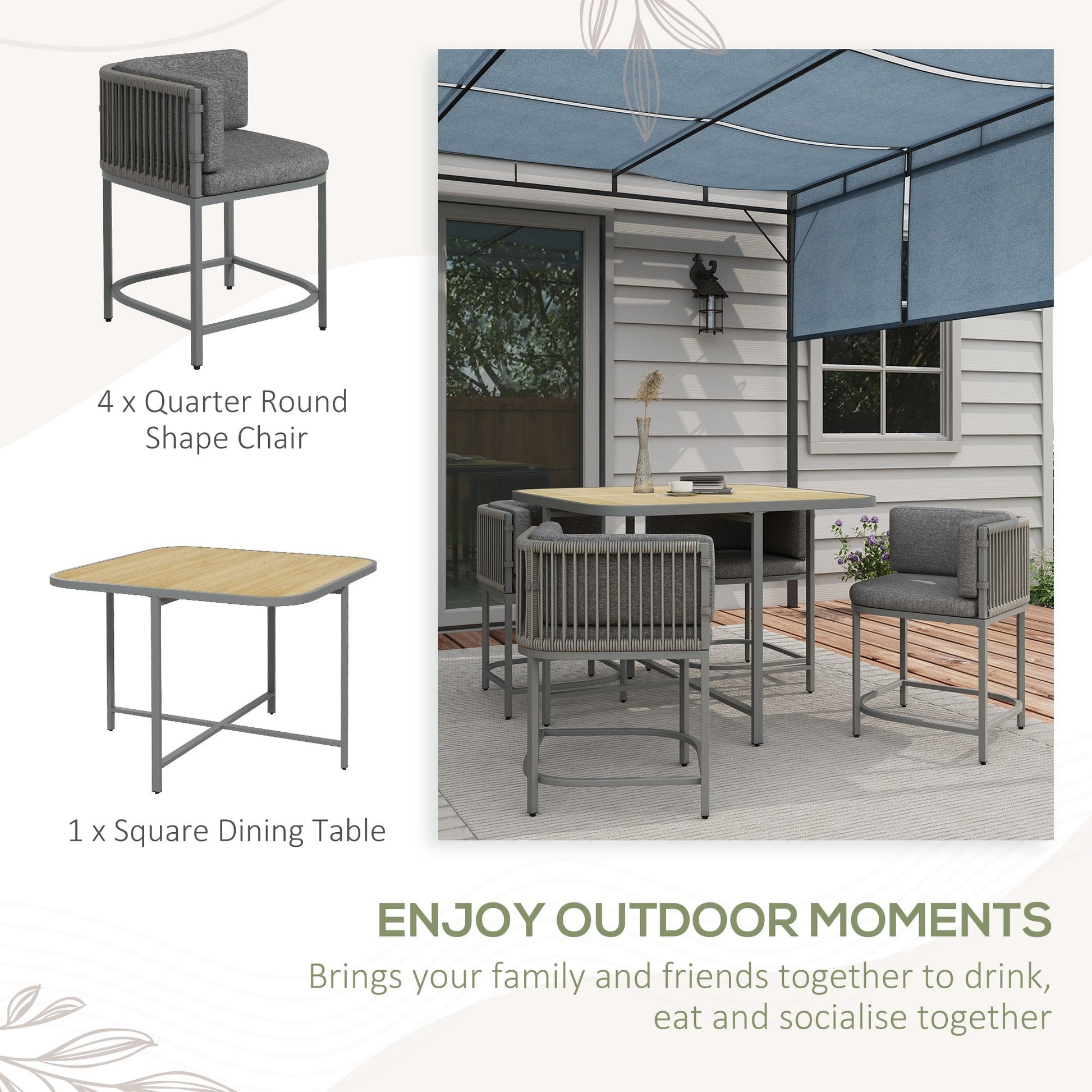 4 Seater Rattan Cube Garden Furniture Set with Cushions, Square Garden Dining Set with Stone Composite Board Top Table, Outdoor Dining Table and Chairs, Grey