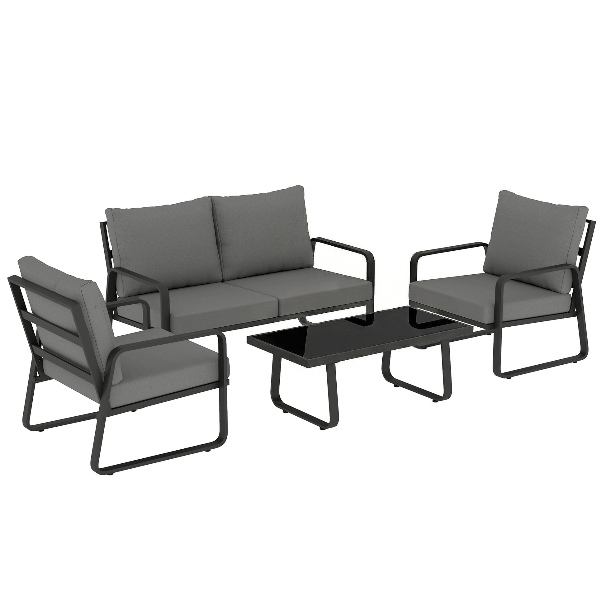 4 Piece Garden Furniture Set, Outdoor Sofa Set with Loveseat, 2 Armchairs, Coffee Table and Cushions