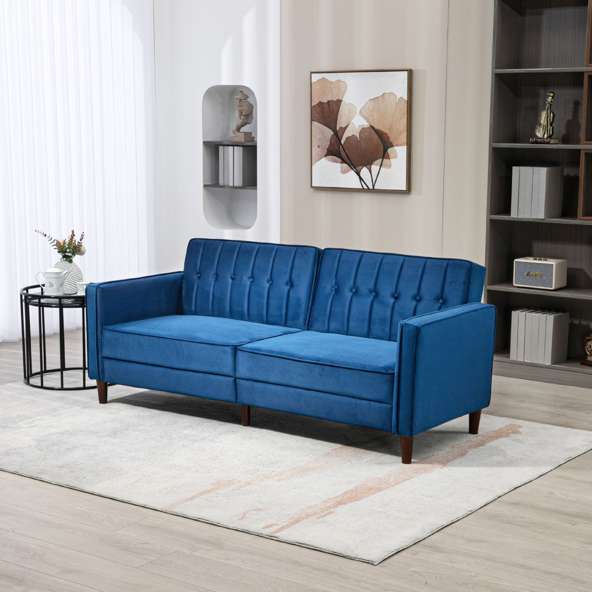 Convertible Sofa Futon Velvet-Touch Tufted Couch Sofa Bed Blue