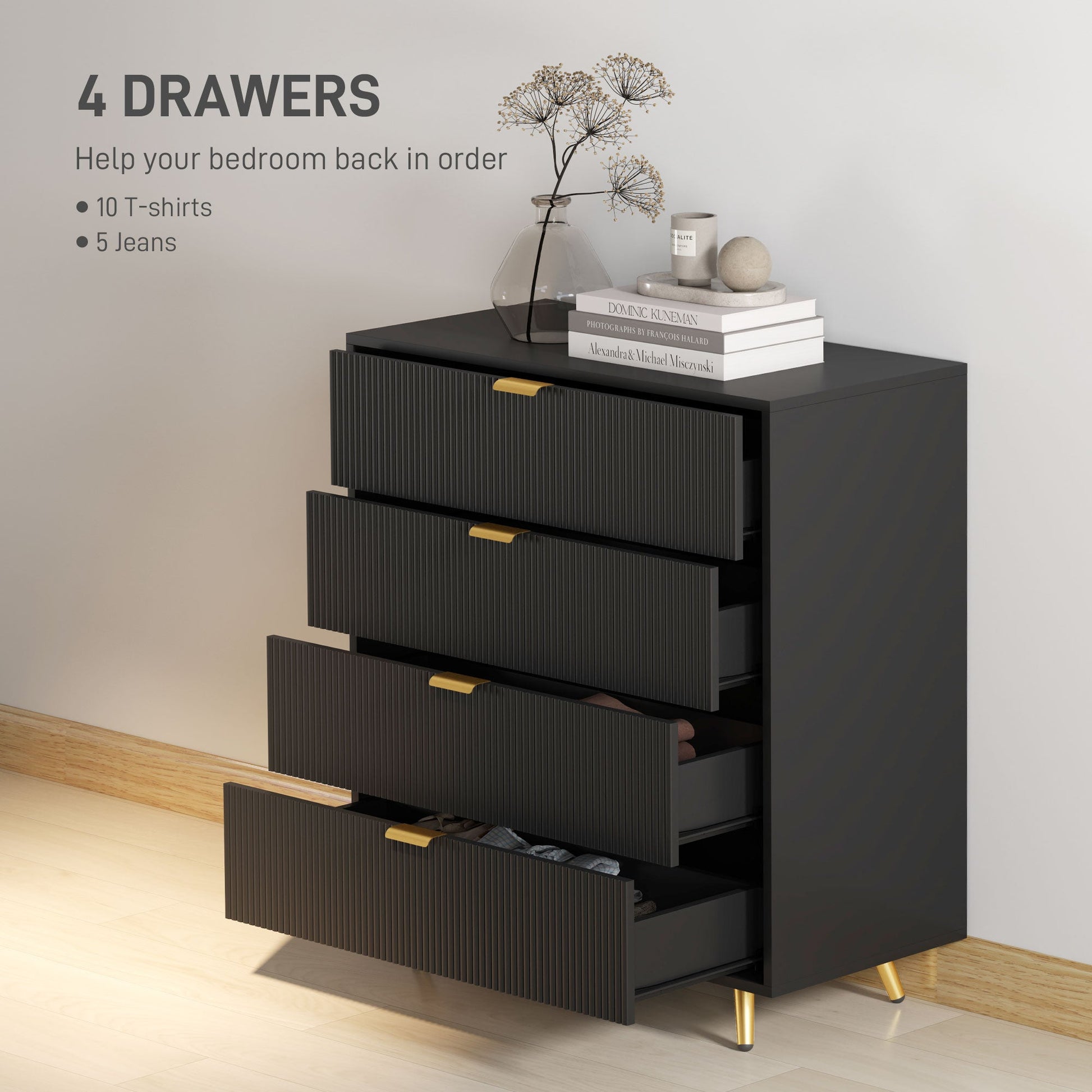 Elegant Four-Drawer Chest Table - Black