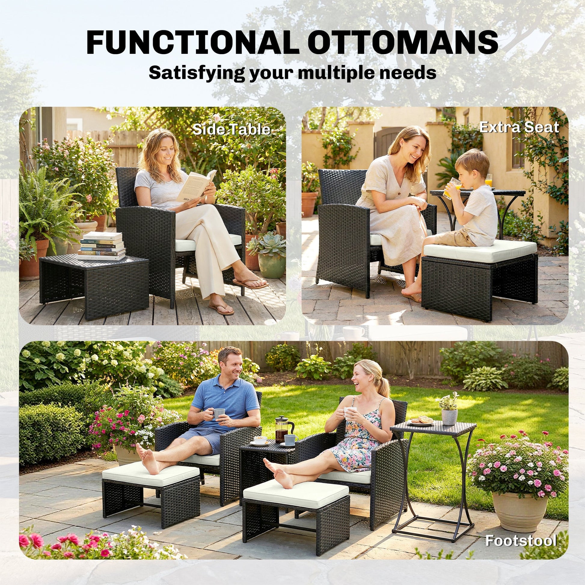 6 Piece Rattan Garden Furniture, Space-Saving Patio Furniture Set with Nesting Tables, Chairs, Stools, Cushions, Black