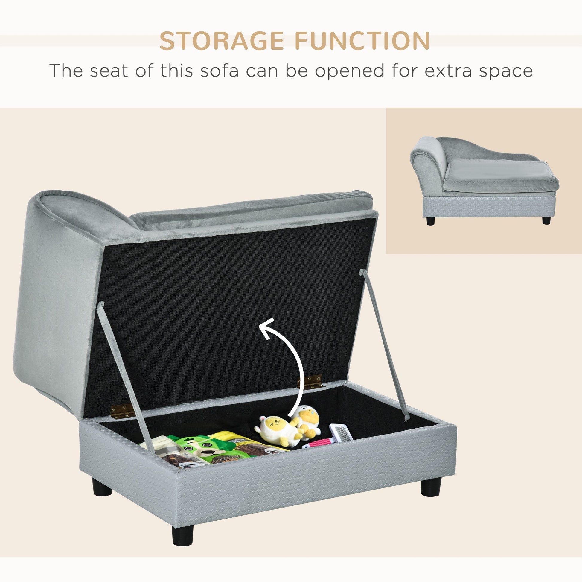 Pet Sofa Chair, with Storage, Cushion, for Small Dogs, Cats - Light Grey