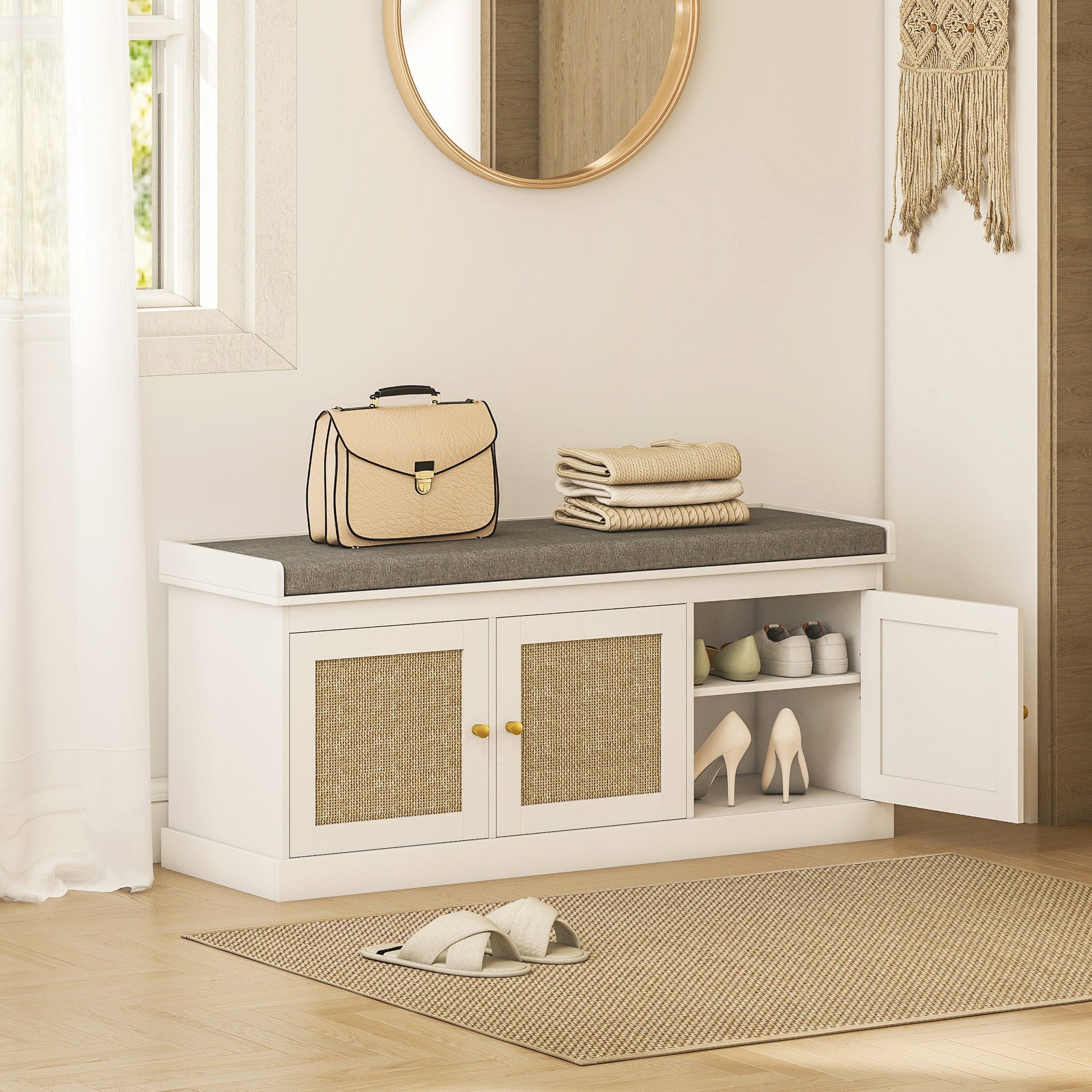 Shoe Storage Bench with Woven Rattan Doors, Seat - White