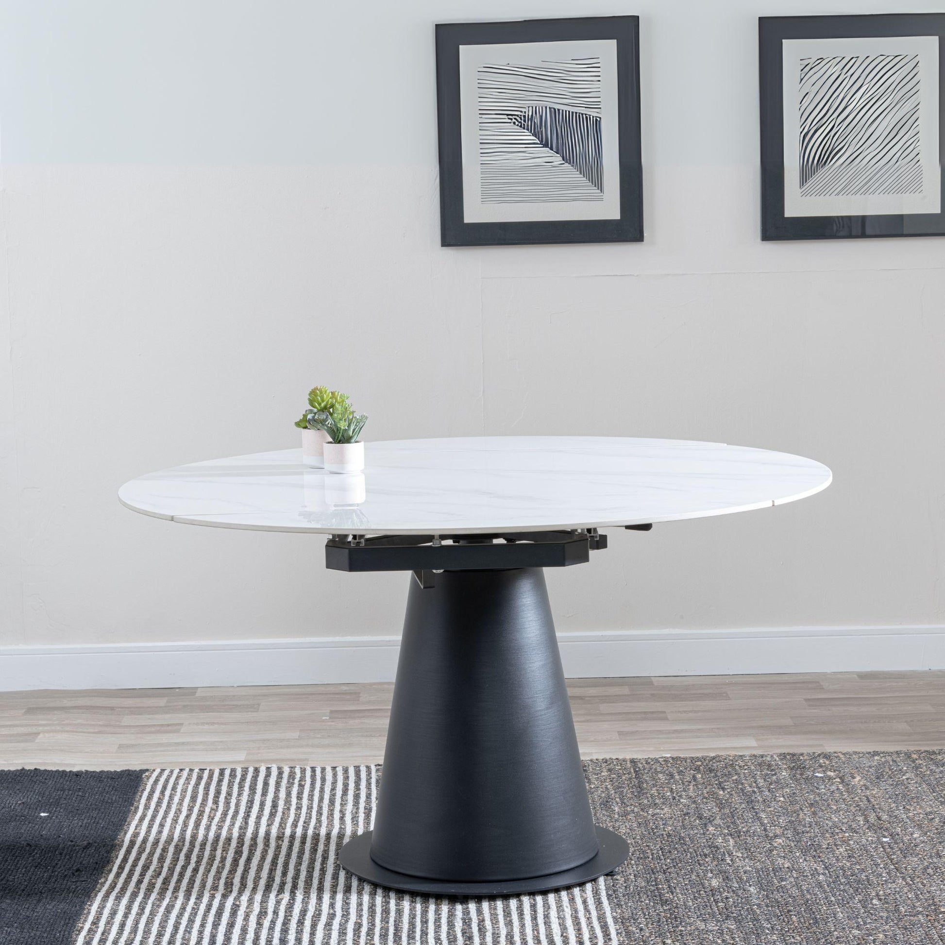 Clara White Sintered Stone Round Dining Table with Black Pedestal Base - 135cm