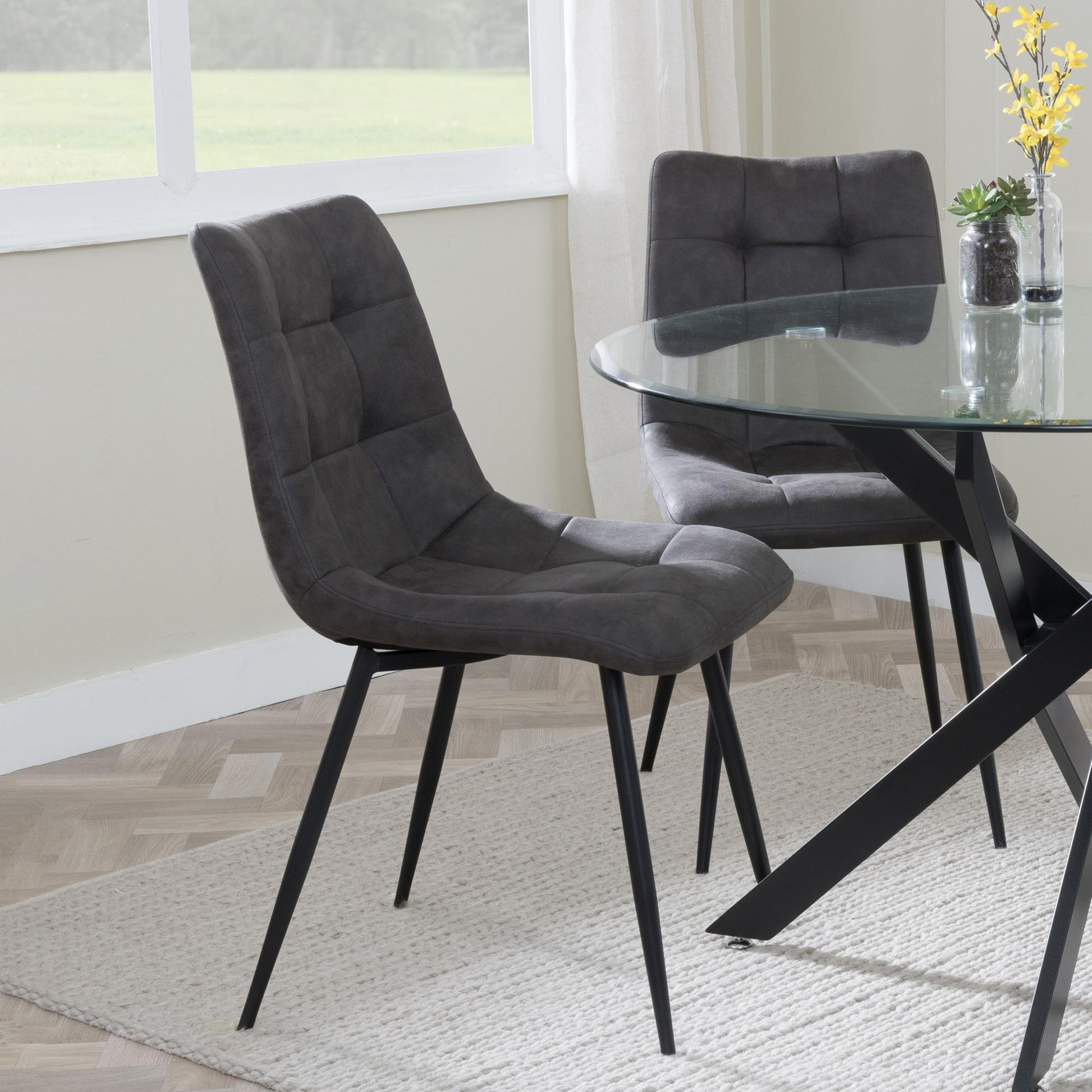 Elba Dining Chairs in Grey Leather Look Fabric and Black Metal Legs - Pair of 2