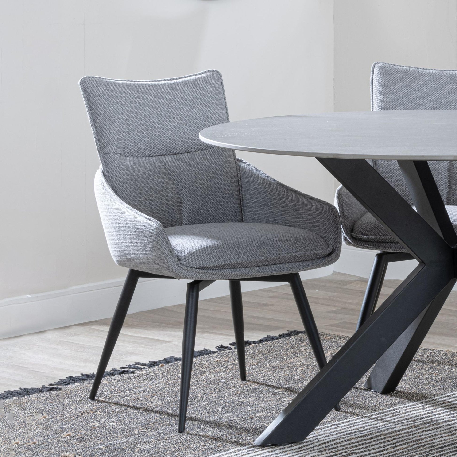 Flavio Grey Fabric Swivel Dining Chair with Black Legs - Pair of 2