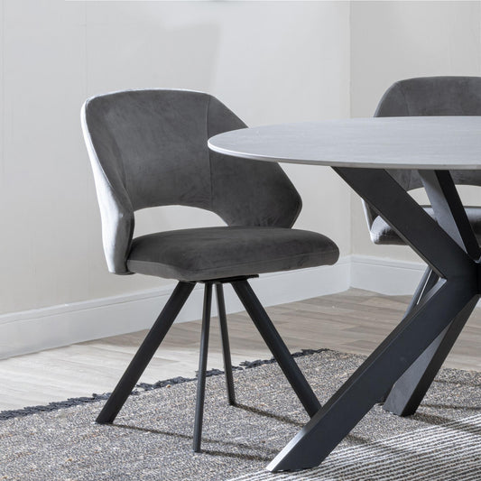 Juno Dark Grey Velvet Fabric Swivel Dining Chair with Black Legs - Pair of 2