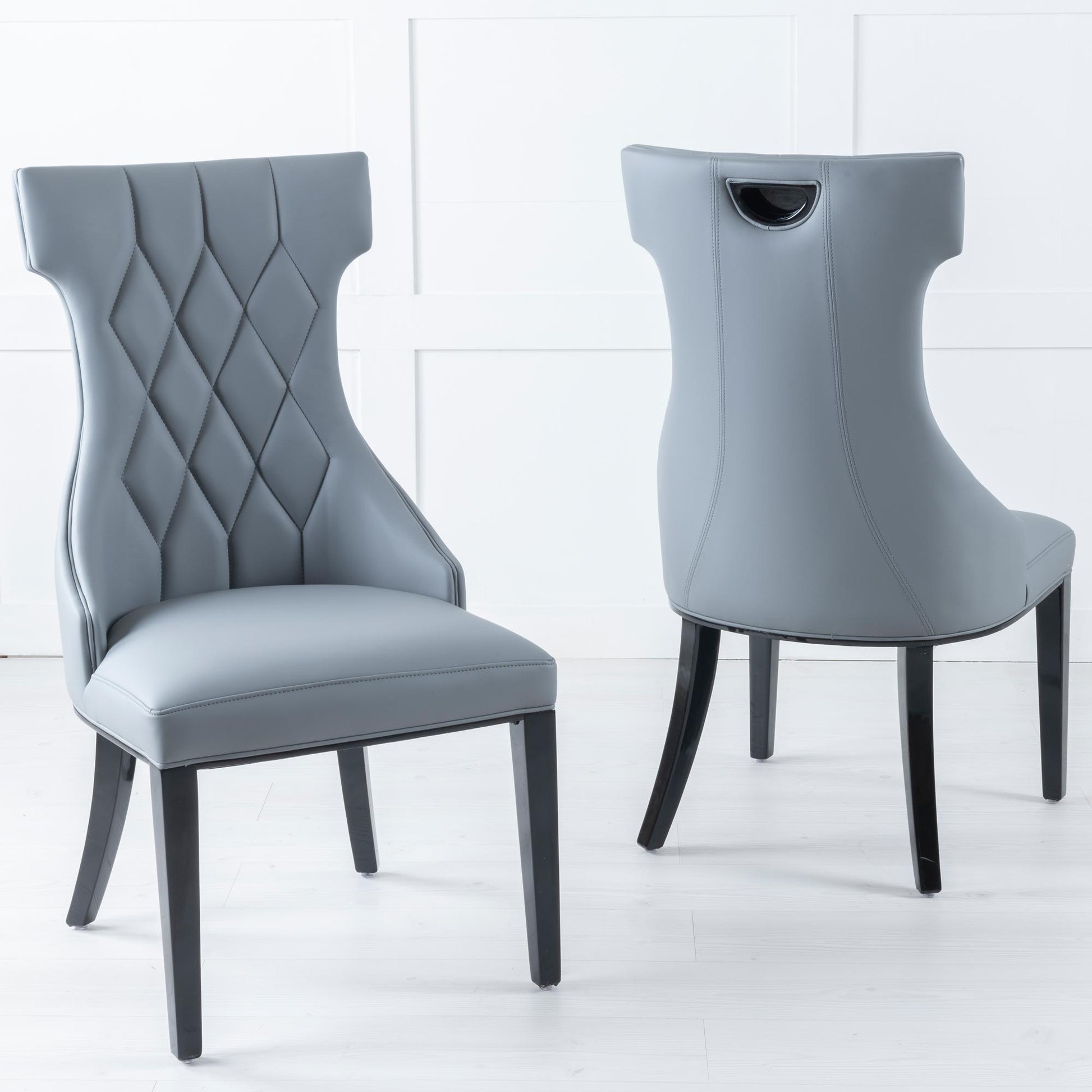Tremiti Grey Leather Large High Back Dining Chair with Black Legs - Pair of 2