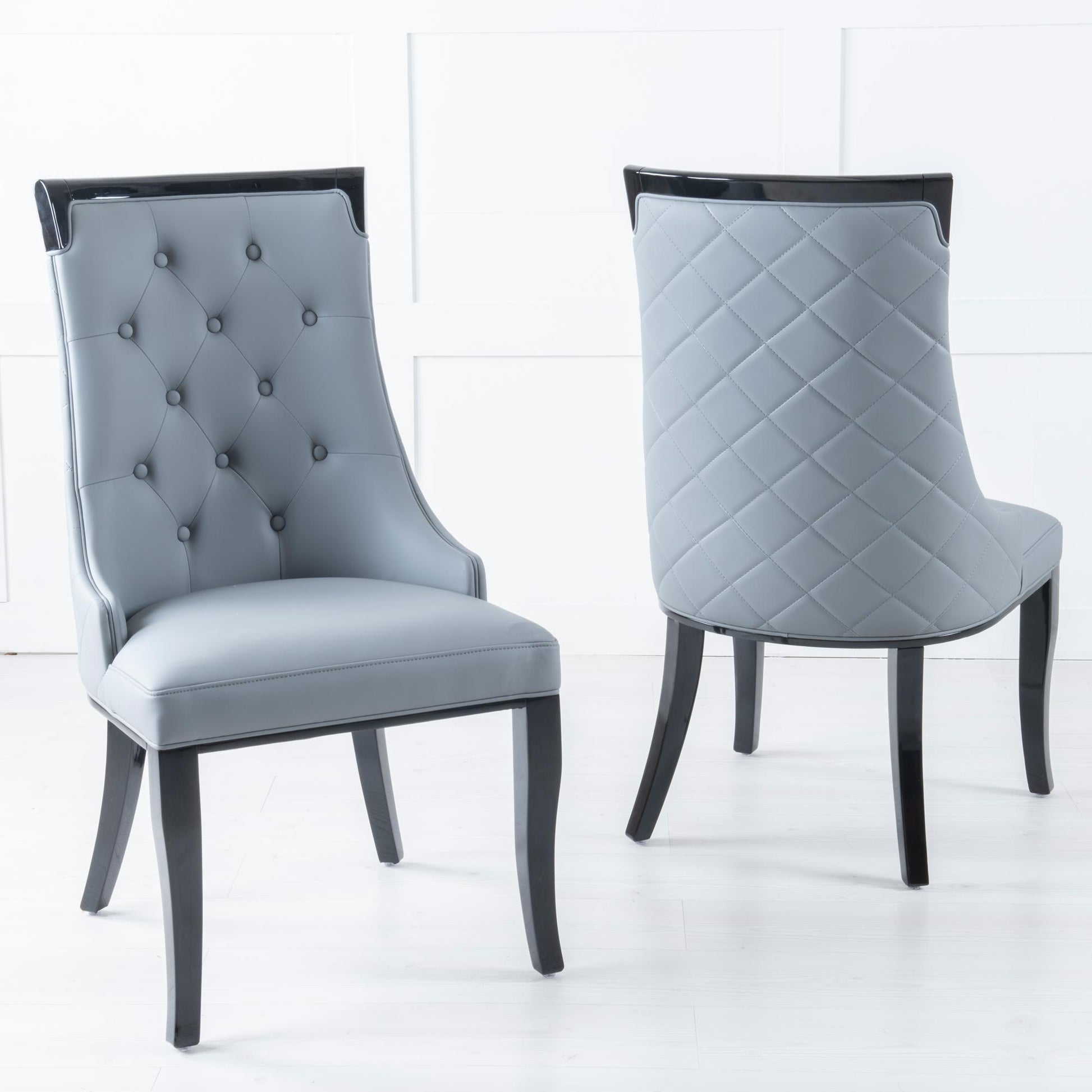 Torino Grey Leather Large High Back Dining Chair with Black Legs - Pair of 2