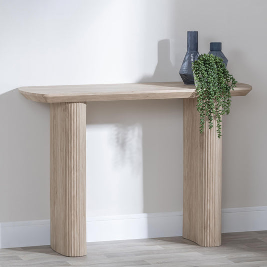 Renzo Oak Oval Console Table with Fluted Ribbed Drum Base