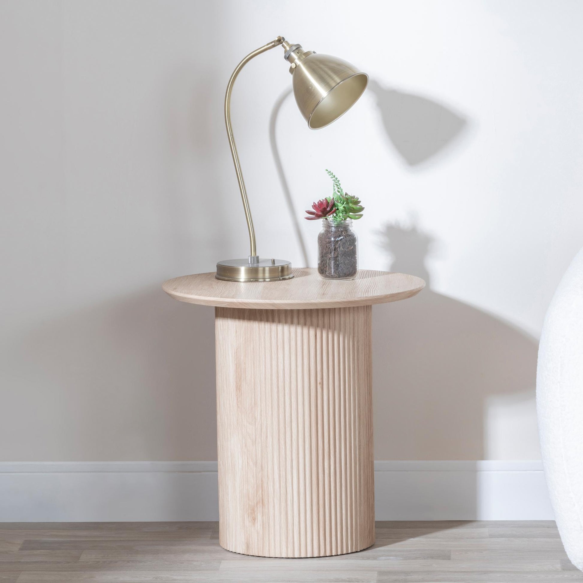 Renzo Oak Round End Table with Fluted Ribbed Drum Base
