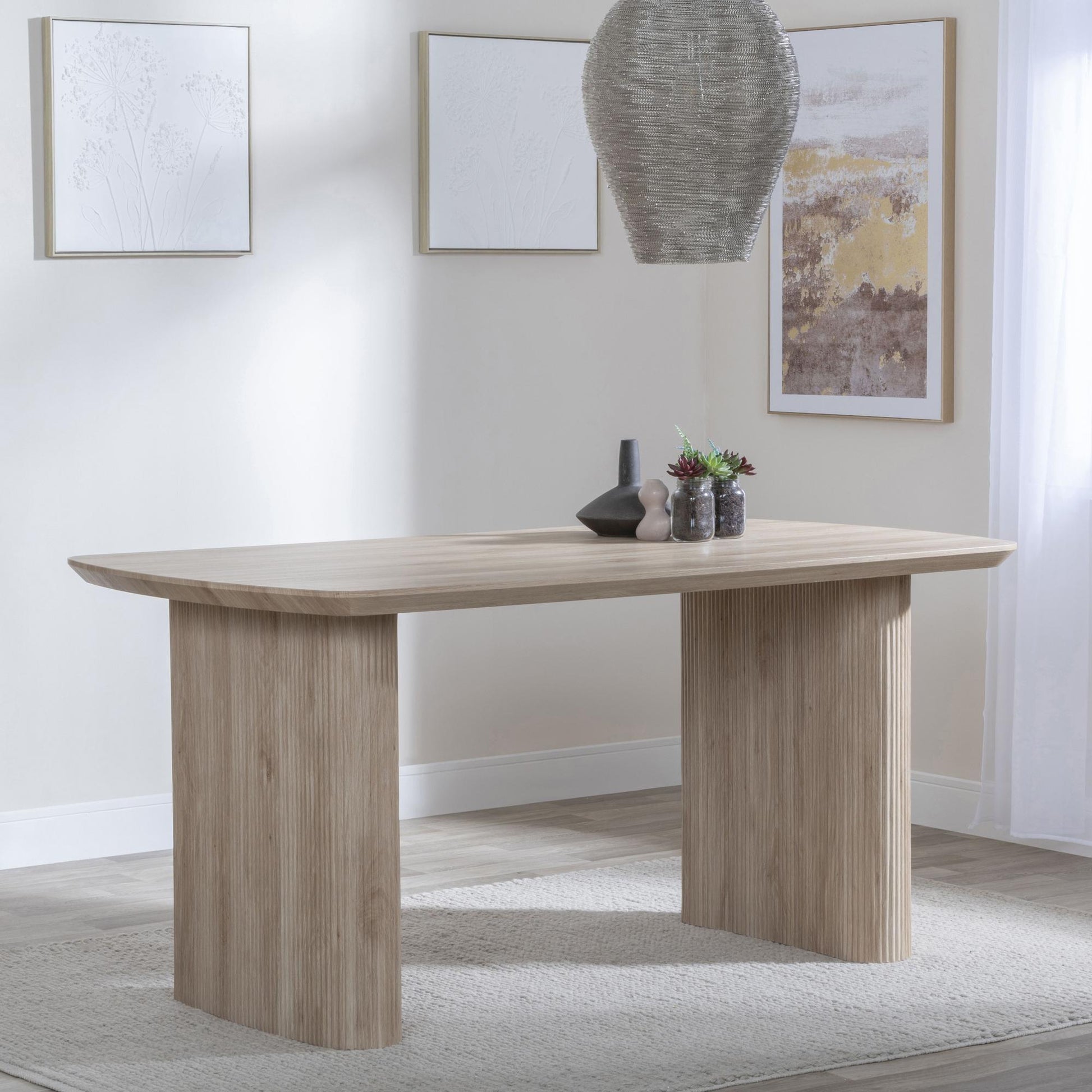 Renzo 160cm Oak Oval Dining Table with Fluted Ribbed Double Pedestal Base