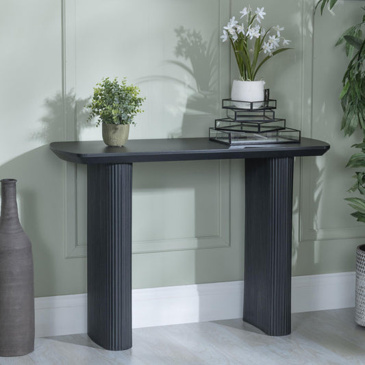 Renzo Black Oval Console Table with Fluted Ribbed Drum Base