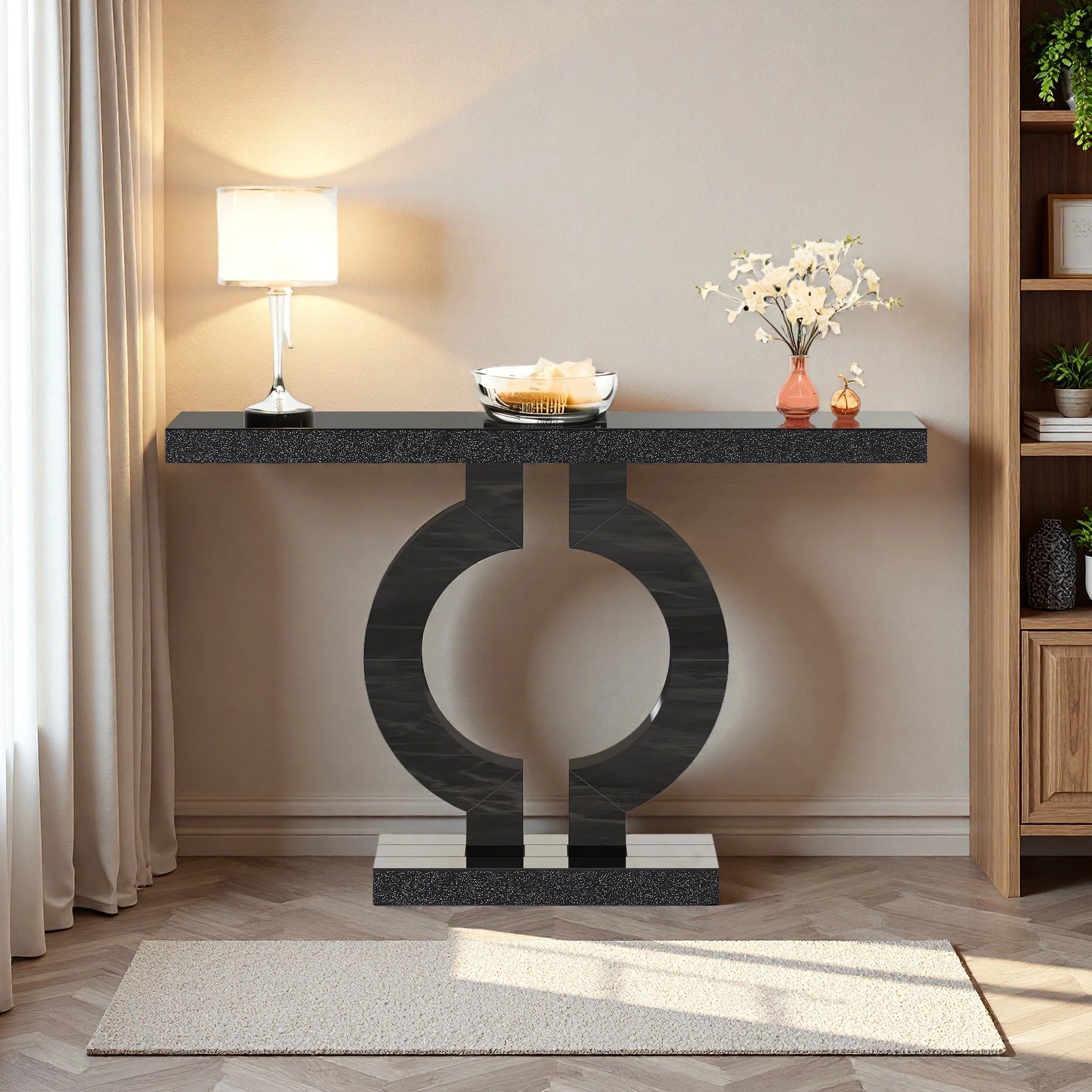 Black Marble-Effect Modern Console Table - Sculptural Entryway & Sofa Table