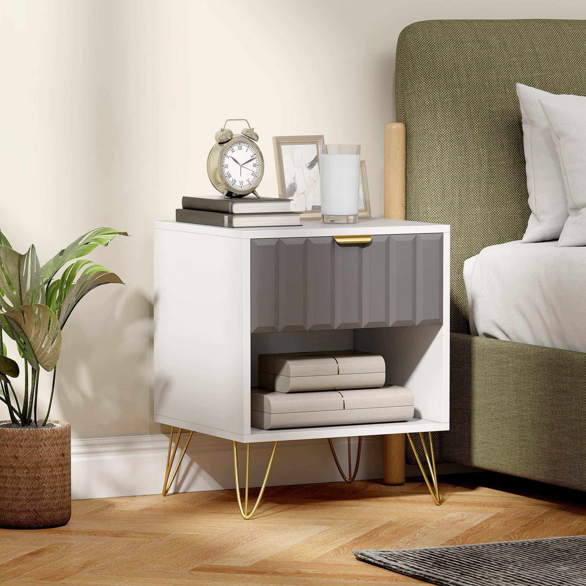 Bedside Table Modern Bedside Cabinet with Drawer and Open Compartment, 45 x 40 x 55, White