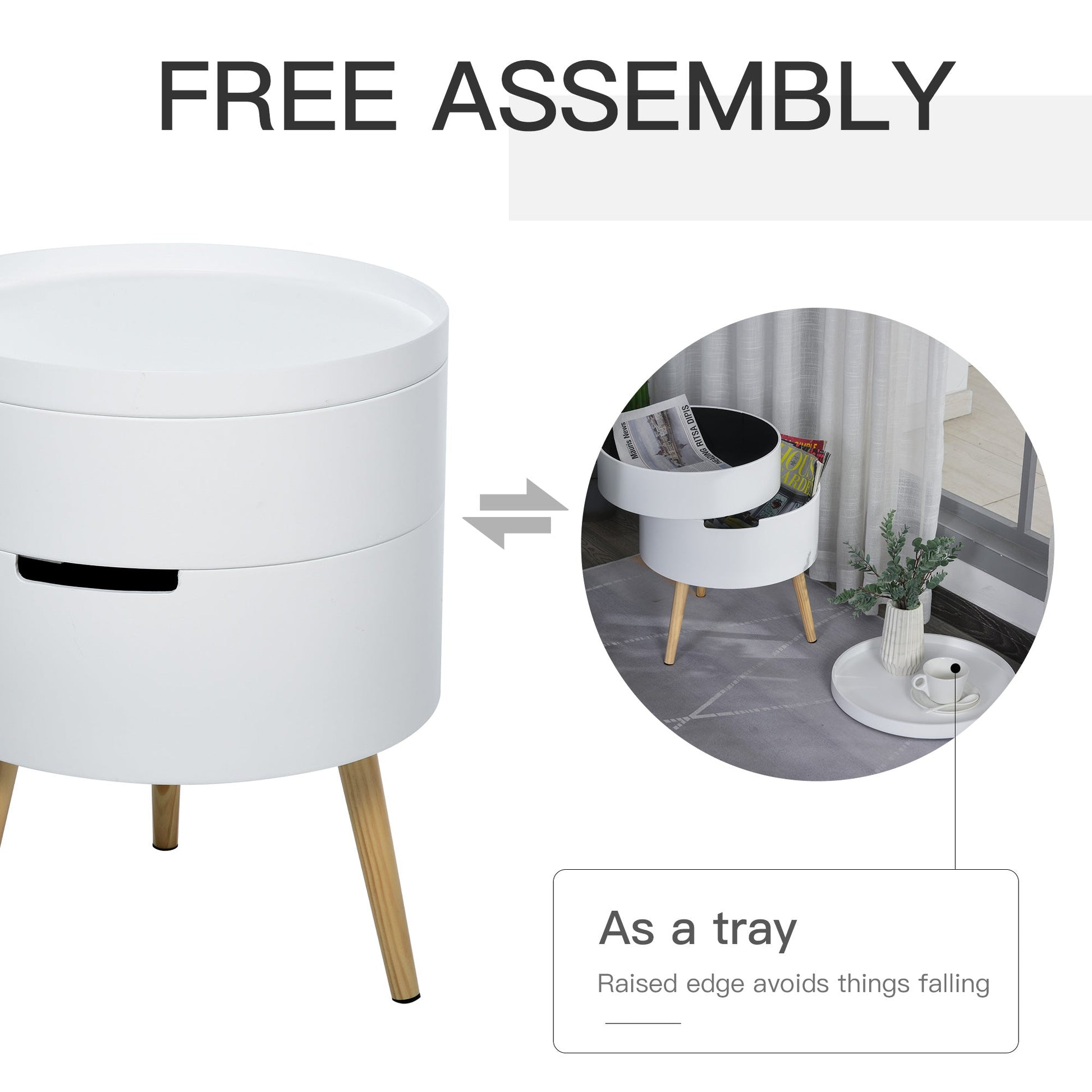 3-Tier Coffee Table, Round End Table with 2 Hidden Compartments and Detachable Tray, Side Table with Storage for Living Room, White