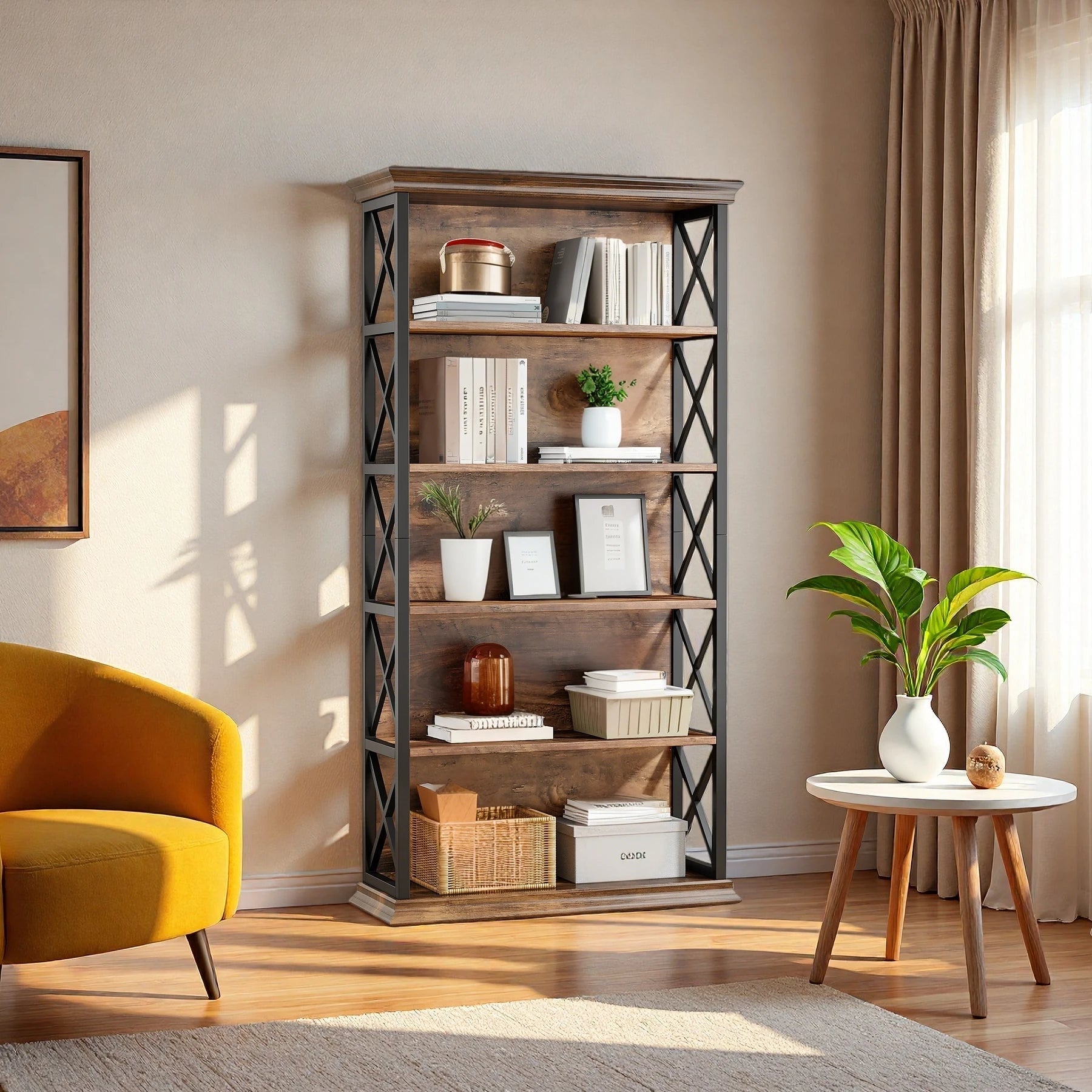 180cm 5-Tier Rustic Industrial  Bookcase - Large Open Shelf Display & Storage
