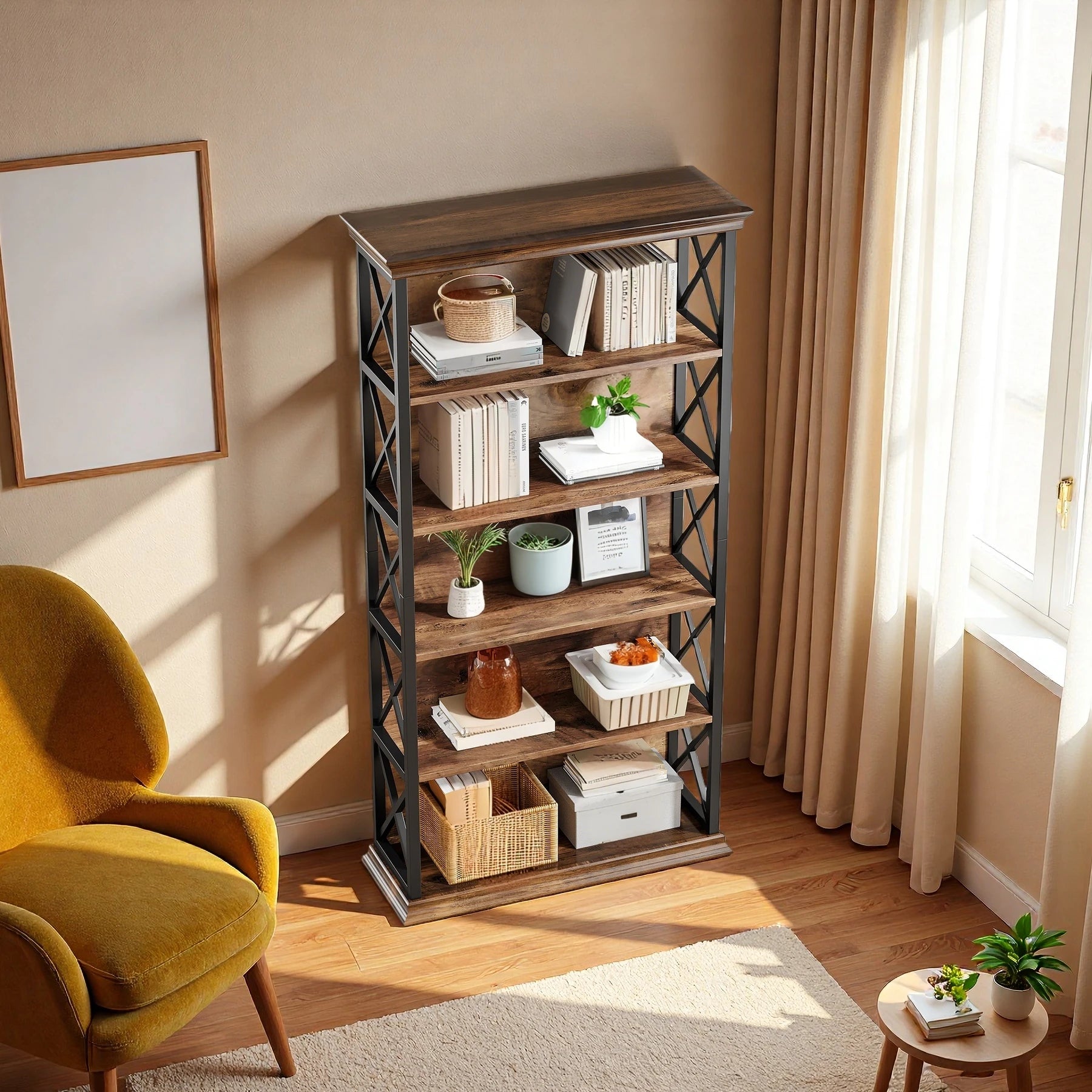 180cm 5-Tier Rustic Industrial  Bookcase - Large Open Shelf Display & Storage