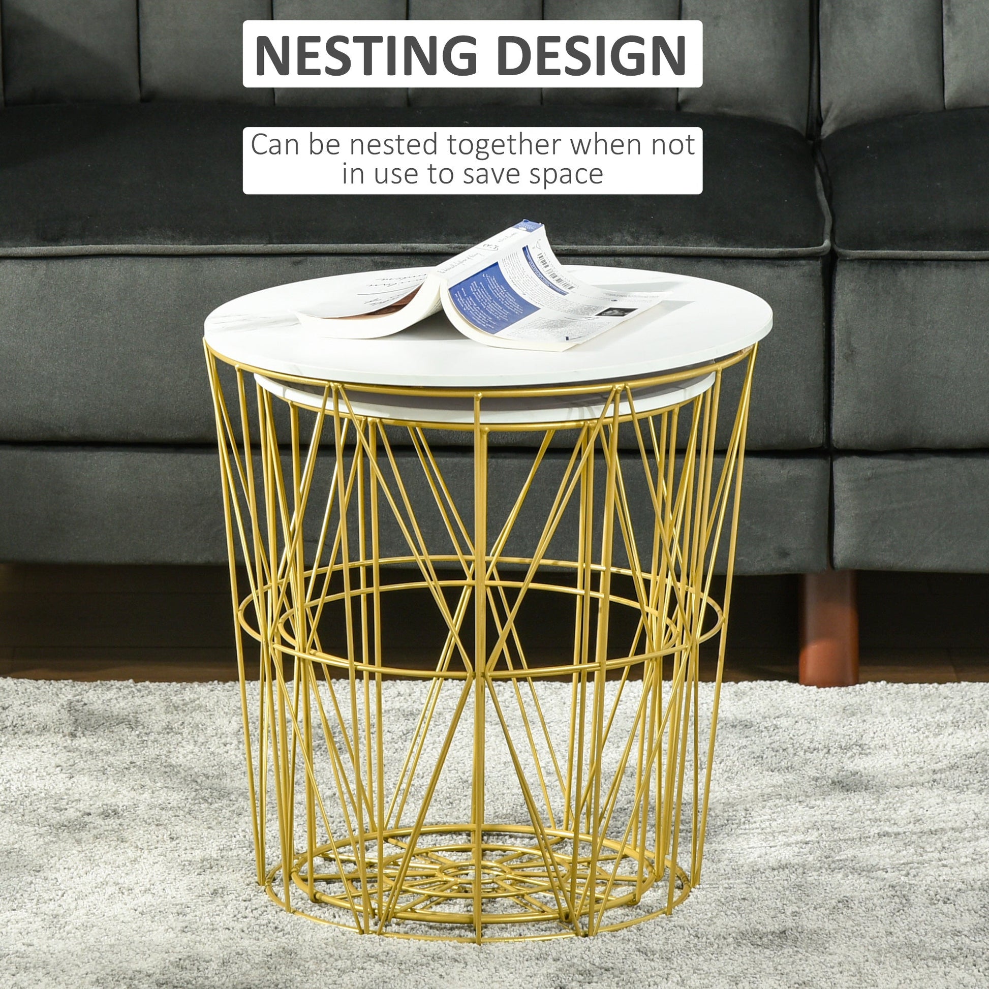 Set of 2 Nesting Side Tables with Storage, Round End Tables Coffee Tables with Steel Frame and Removable Round Top, for Living Room, bedroom, office, White