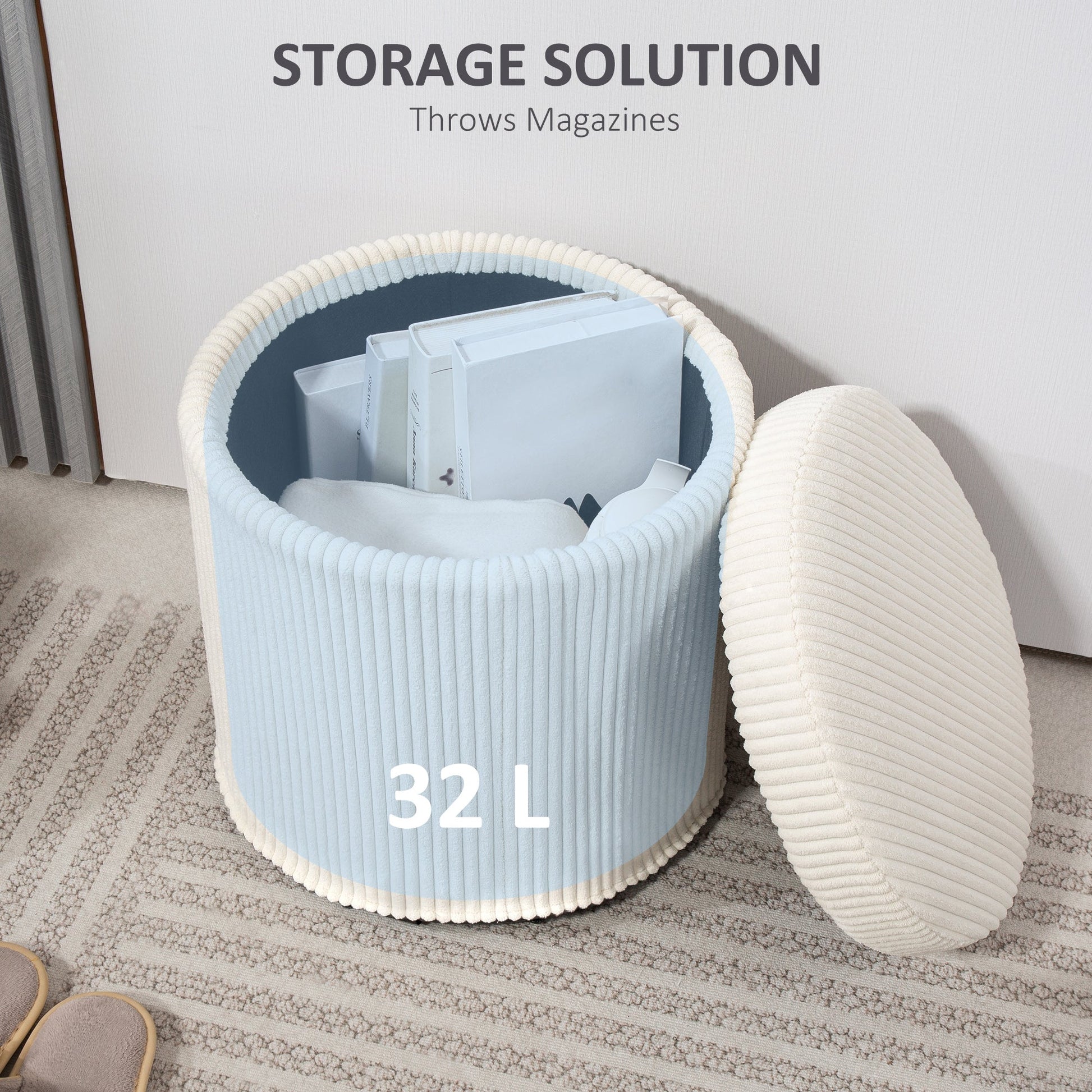 40cm Round Storage Ottoman, Corduroy Footstool with Removable Lid and Legs, Vanity Stool for Living Room, Bedroom, Beige