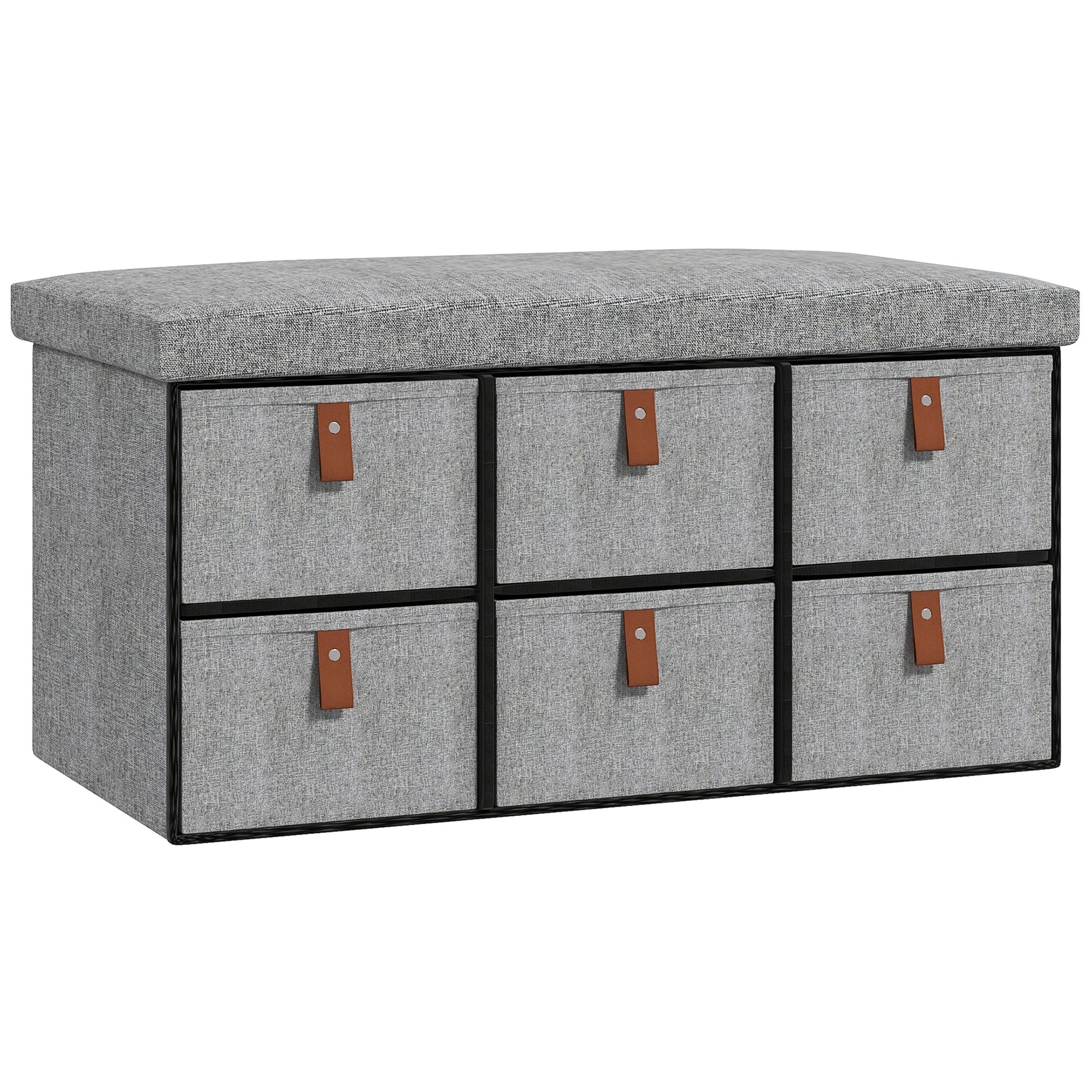 Shoe Bench with Seat, Shoe Storage Bench with Cushion and 6 Fabric Drawers for Entryway, Hallway, Living Room, Bedroom, Light Grey