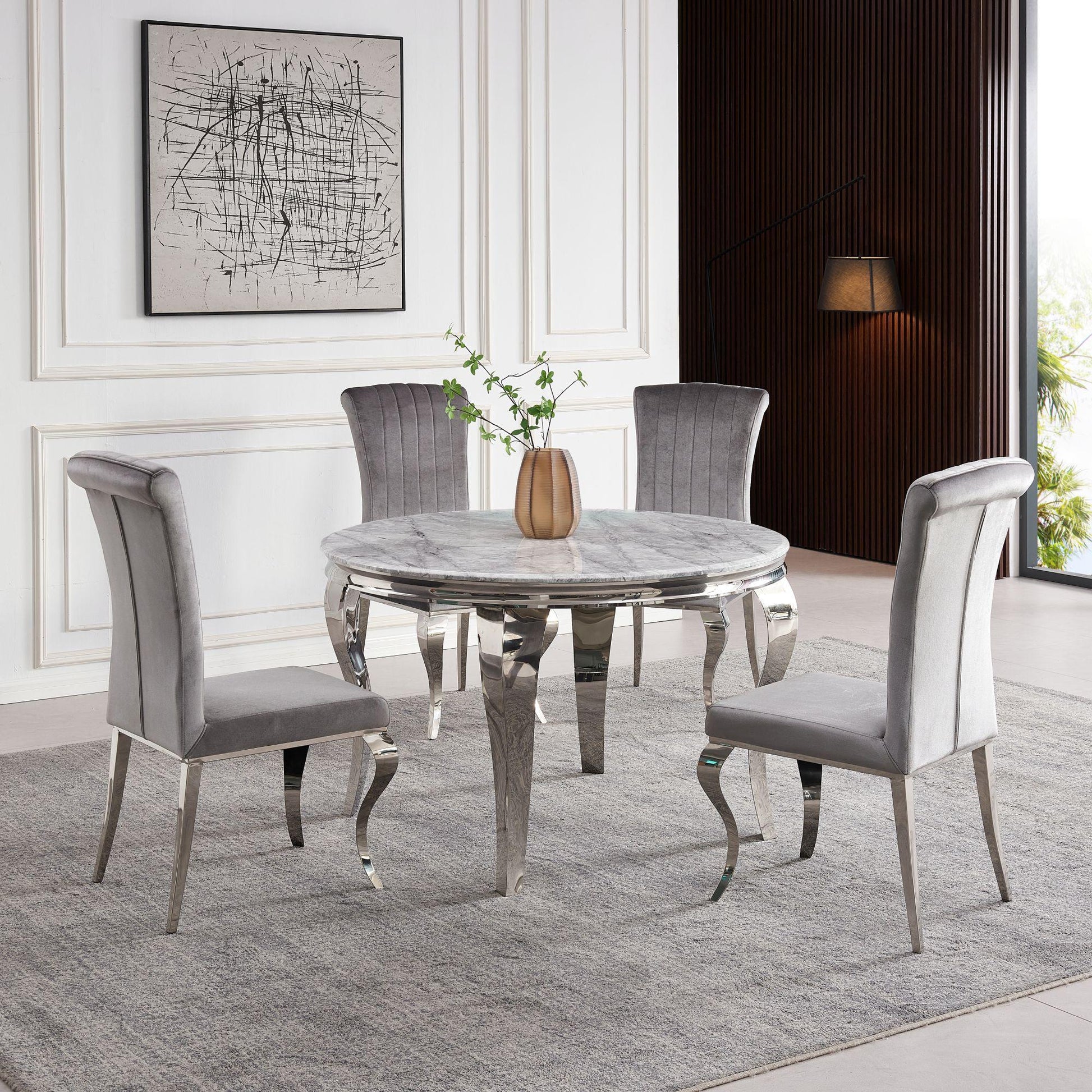 Merida Grey Marble and Chrome Round Dining Table - 120cm