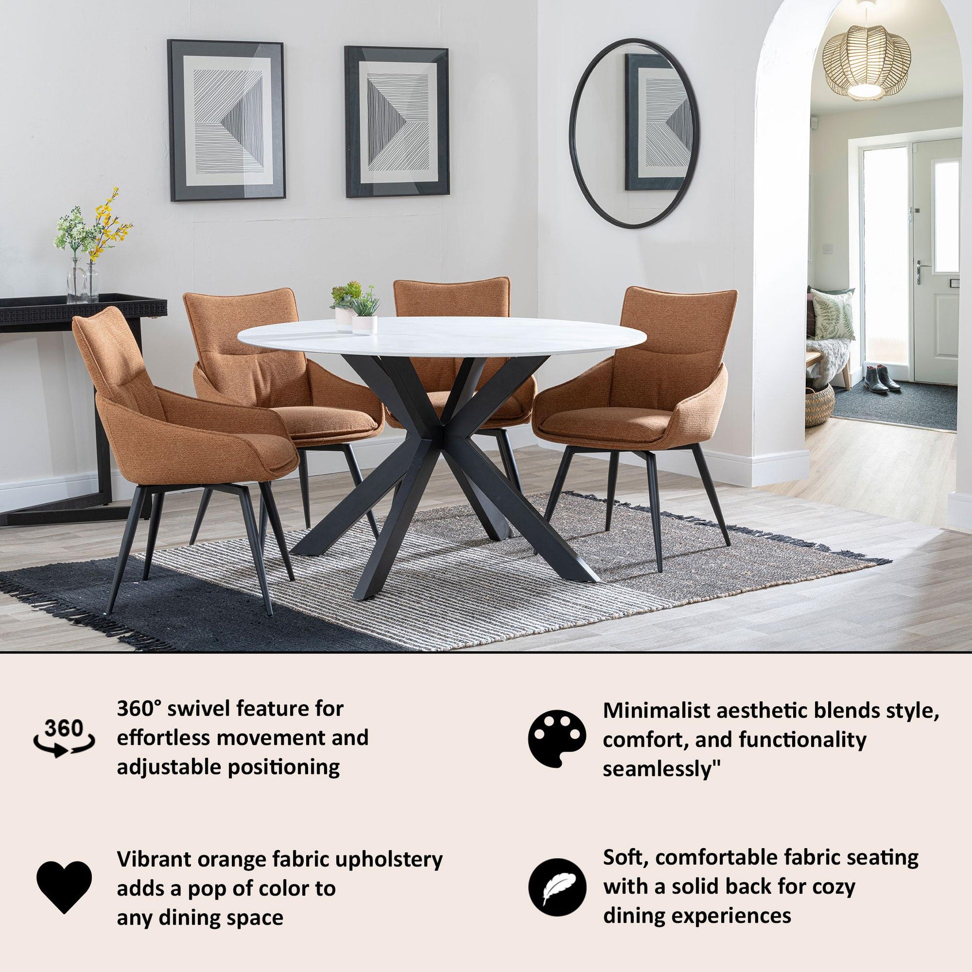 Flavio Orange Fabric Swivel Dining Chair with Black Legs - Pair of 2