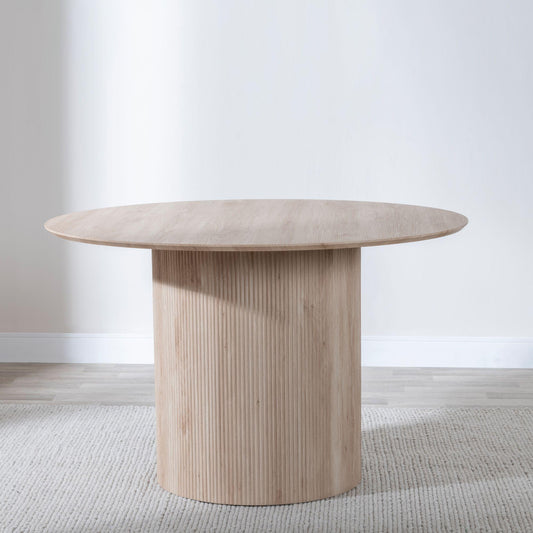 Renzo 120cm Oak Round Dining Table with Fluted Ribbed Drum Base