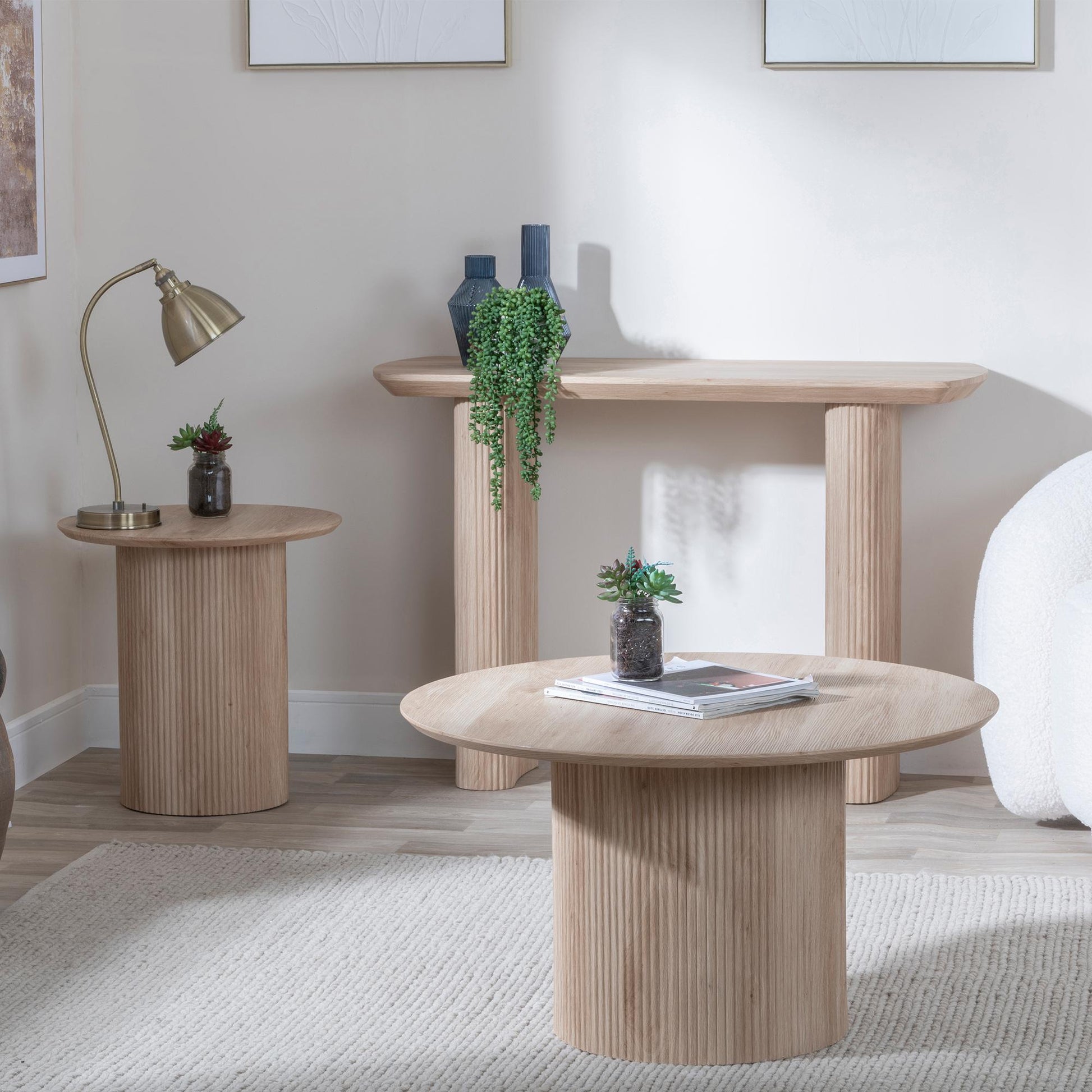 Renzo Oak Round End Table with Fluted Ribbed Drum Base