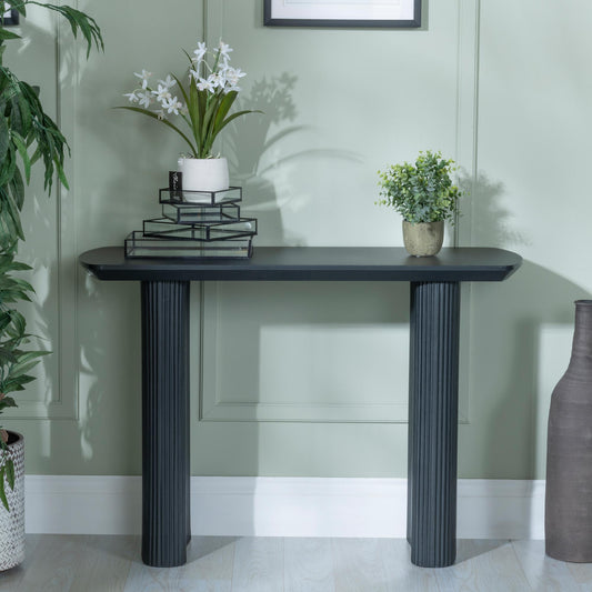 Renzo Black Oval Console Table with Fluted Ribbed Drum Base