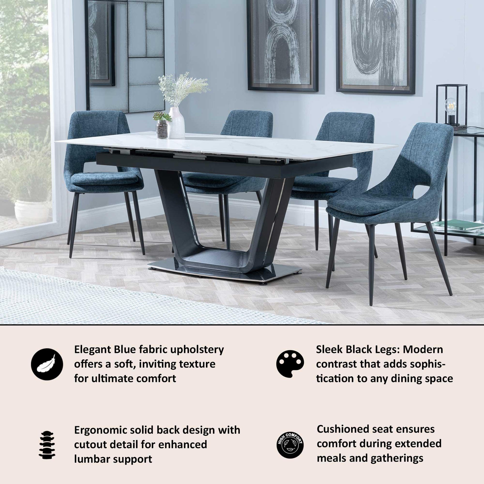 Fabien Blue Fabric Dining Chair with Black Legs - Pair of 2