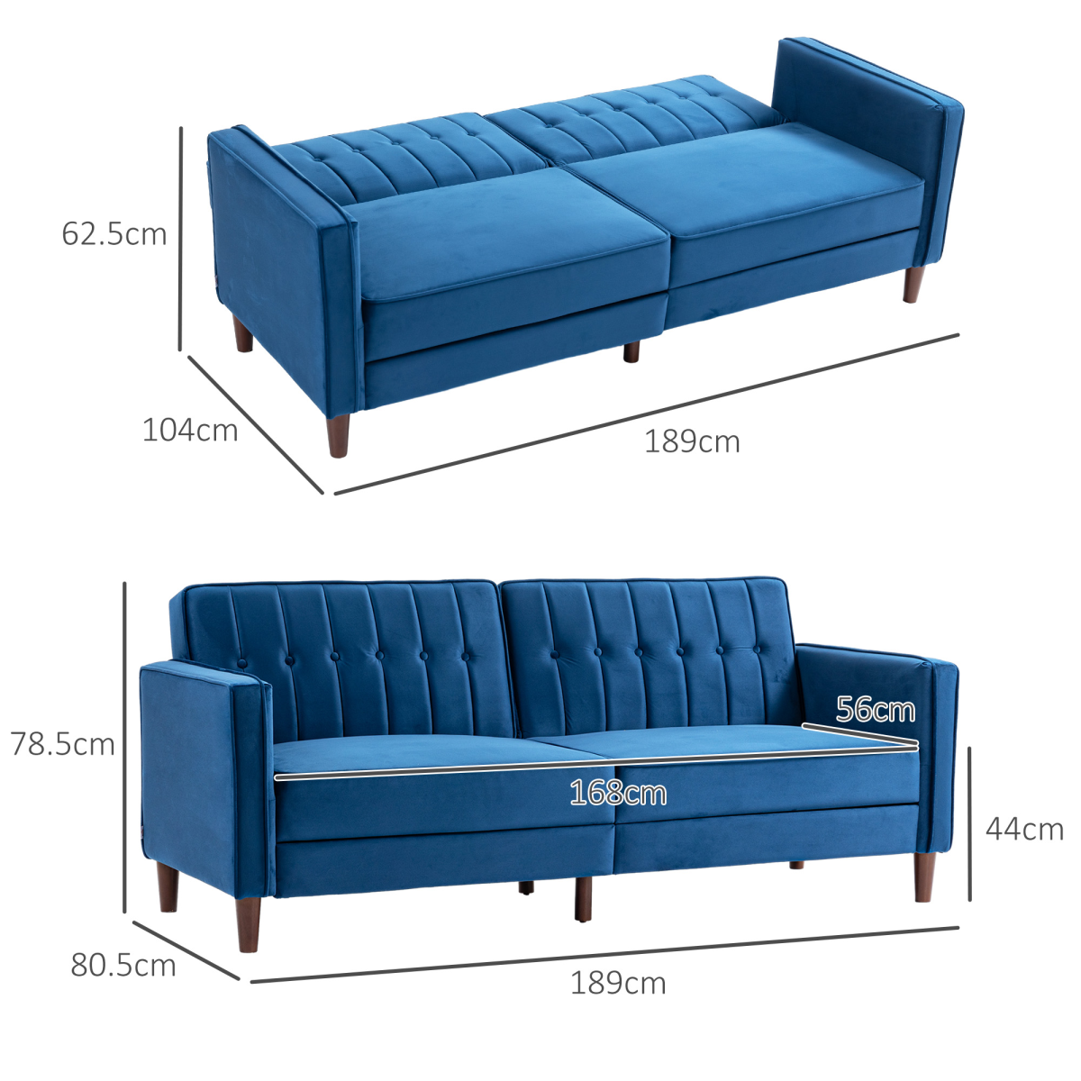 Convertible Sofa Futon Velvet-Touch Tufted Couch Sofa Bed Blue