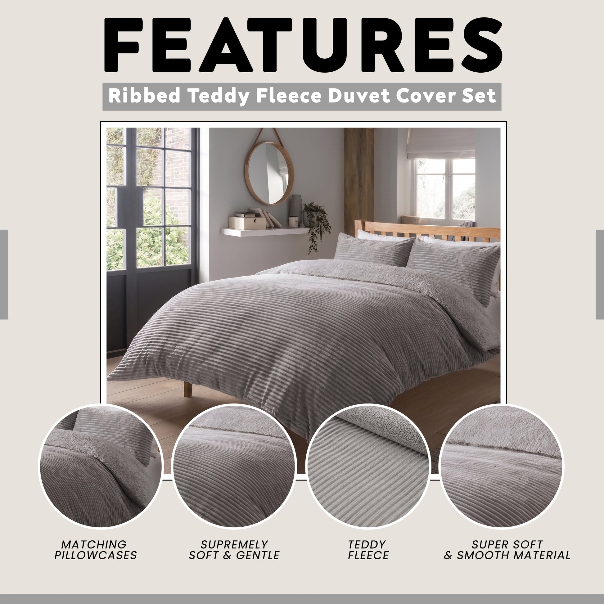 OLIVIA ROCCO Ribbed Fleece Reversible Teddy Duvet Set OEKO-TEX Certified Multiple Sizes