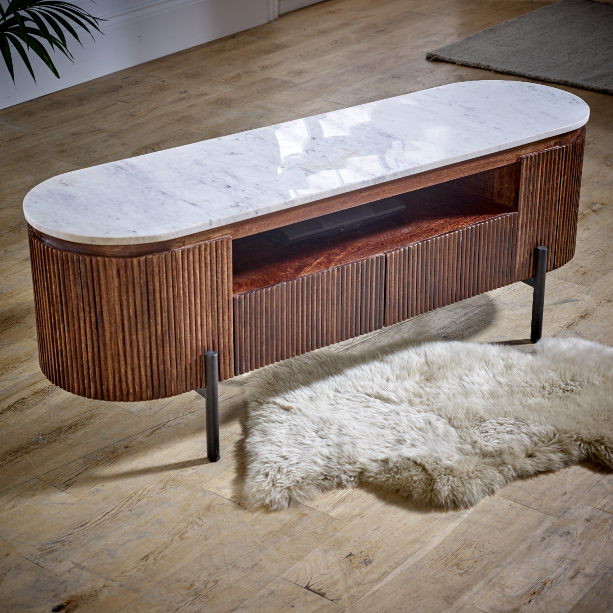 Opal Mango Wood Tv Cabinet With  Marble Top & Metal Legs