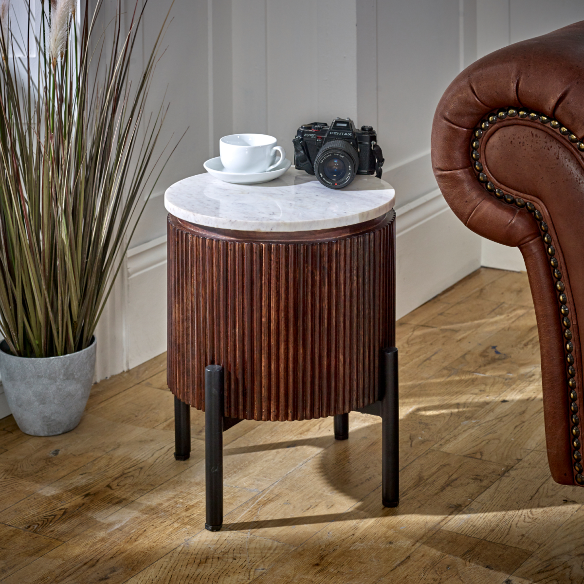 Opal Mango Wood Side Table With Marble Top & Metal Legs