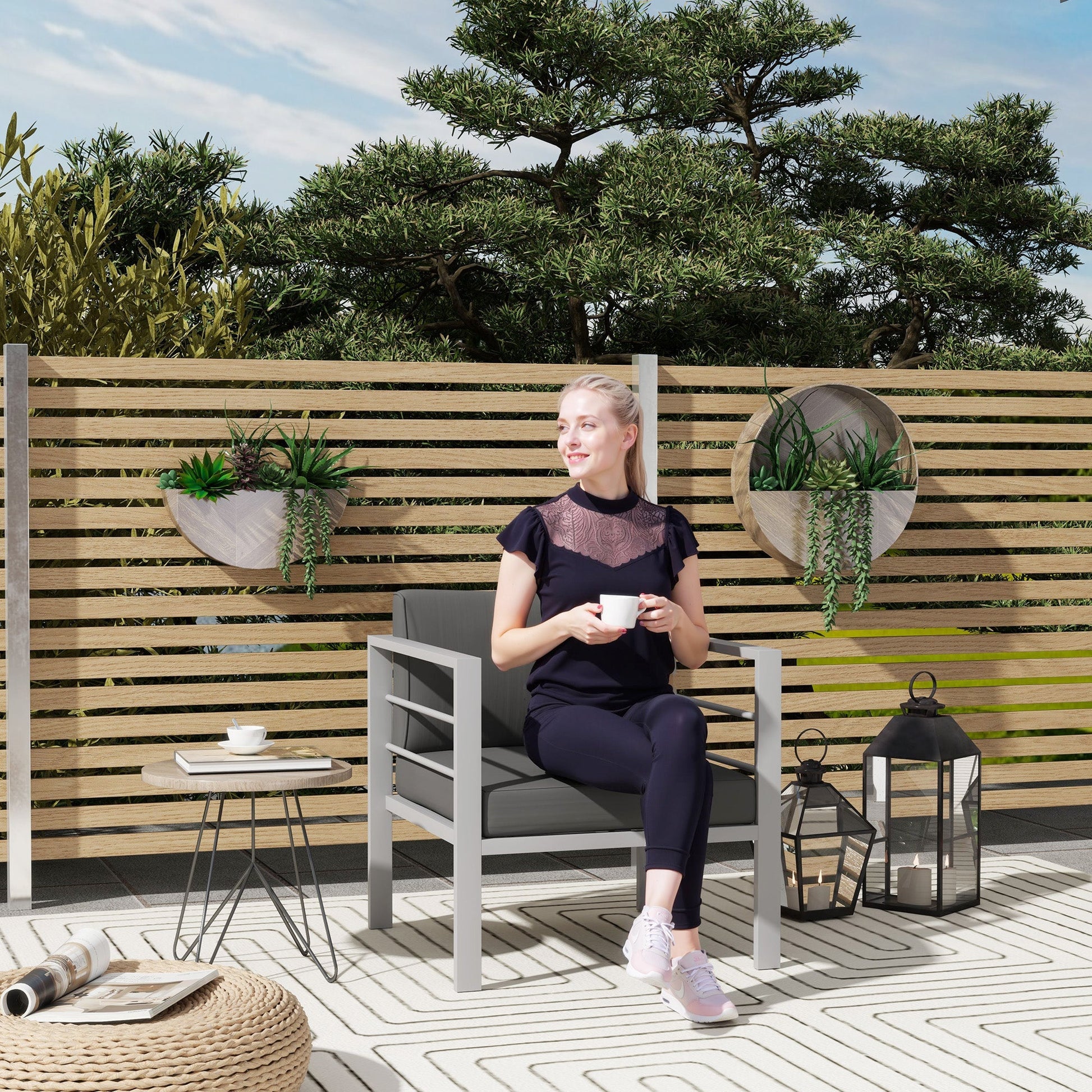 Patio Furniture Aluminium Armchair, All-Weather Outdoor Single Sofa, Metal Frame Outdoor Chair with Cushions for Garden, Balcony, Charcoal Grey