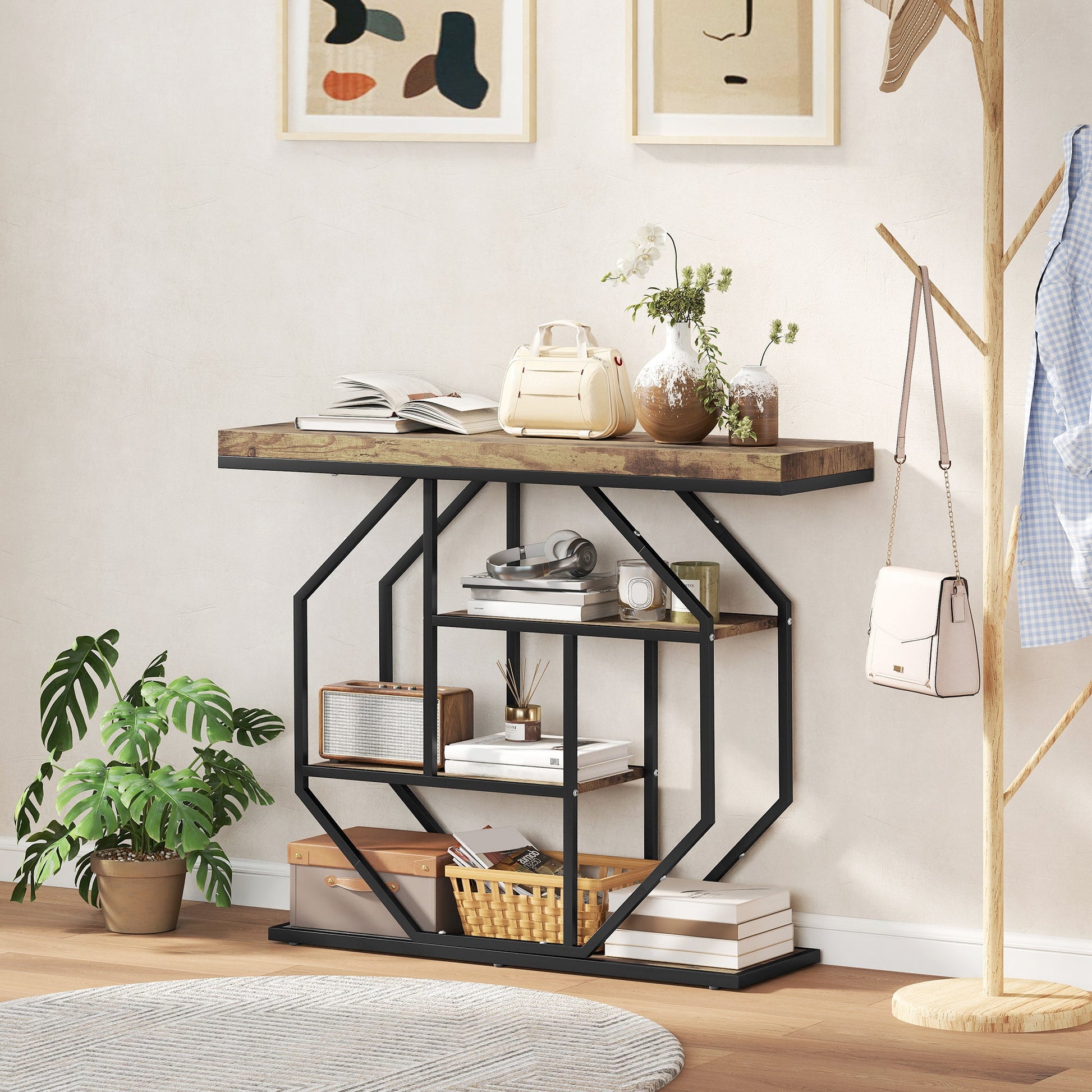 4-Tier Industrial Console Table - Rustic Brown