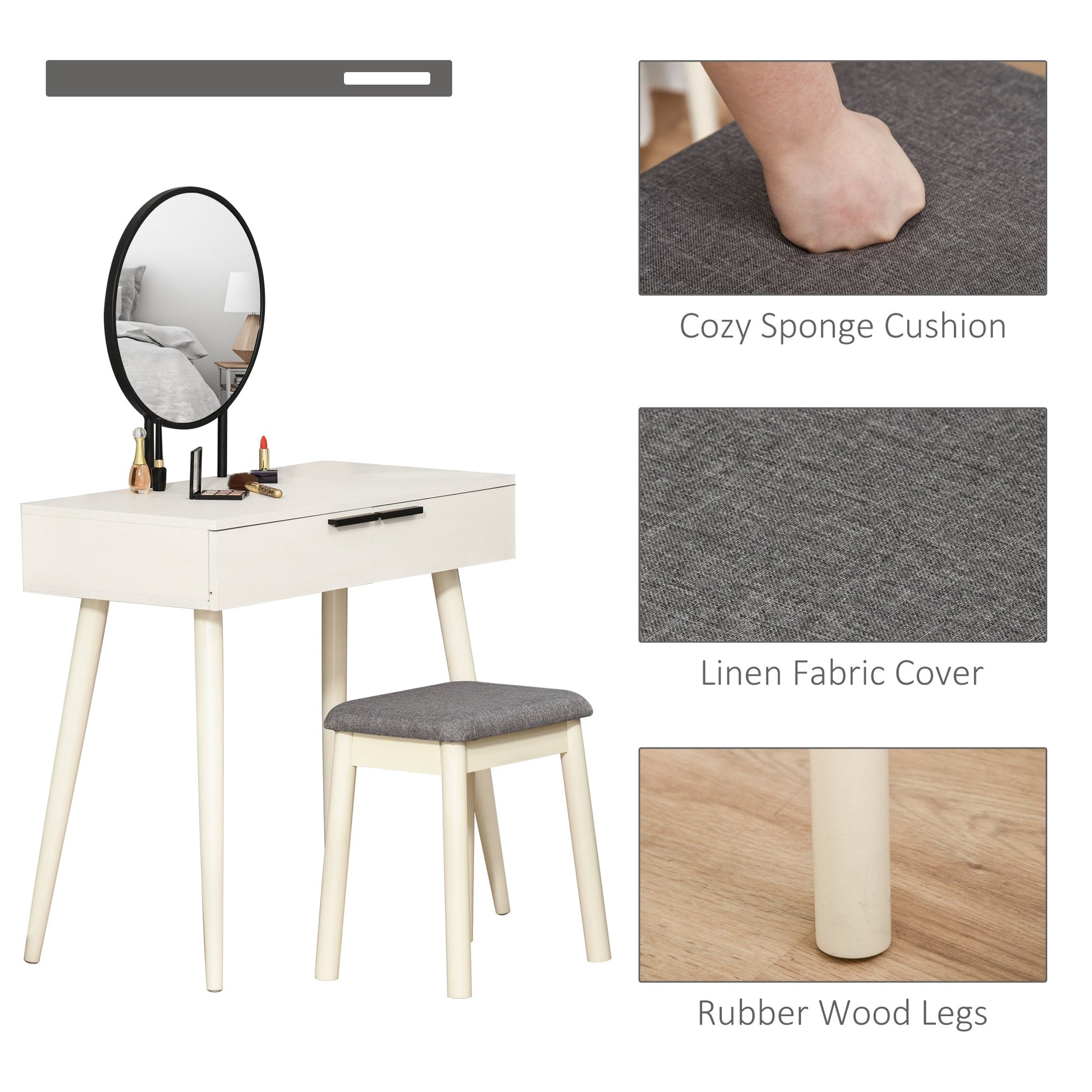 Dressing Table with Mirror and Stool, Vanity Makeup Desk Set with 2 Drawers, Cushioned Stool and Make-up Organizer for Bedroom and Dressing Room, White